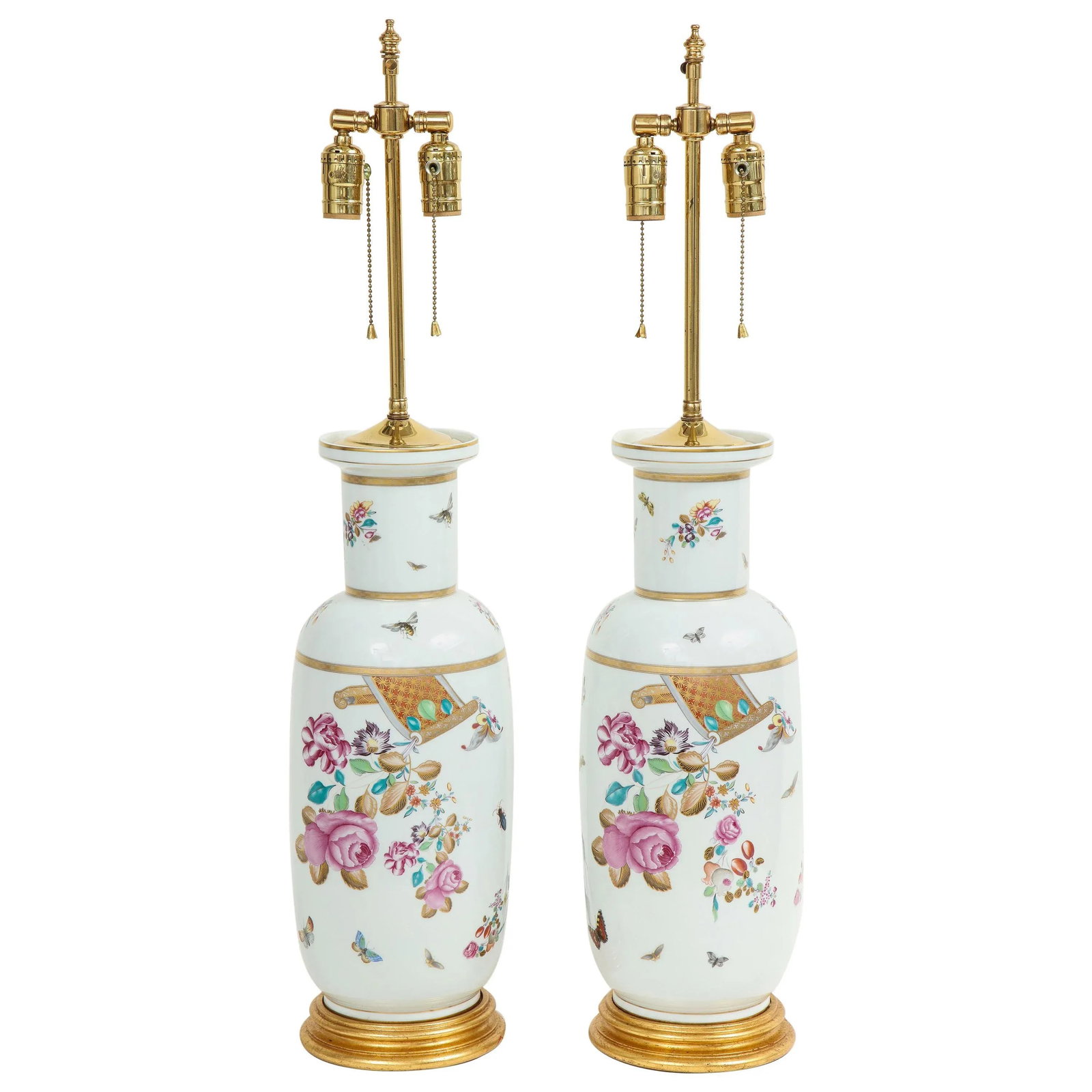 Porcelain Polychrome and Gilt Rouleau Vase Lamps - a Pair - 8