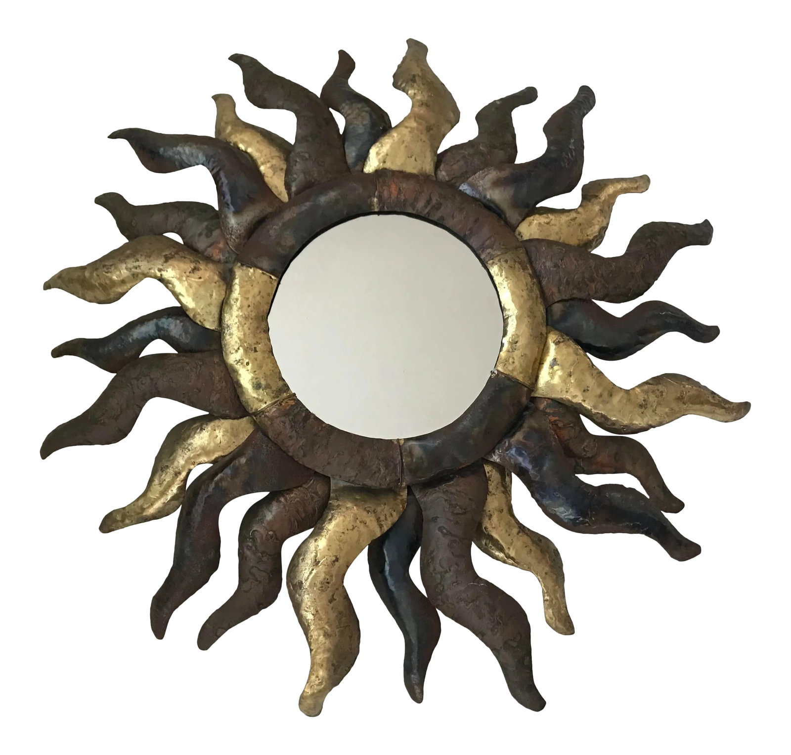 Vintage Brutalist Large Metal Sunburst Wall Mirror: Vintage Brutalist Large Metal Sunburst Wall Mirror Condition: Alterations: Original Condition Unaltered Imperfections: Some Imperfections Condition Notes: Wear consistent to age and use Materials
