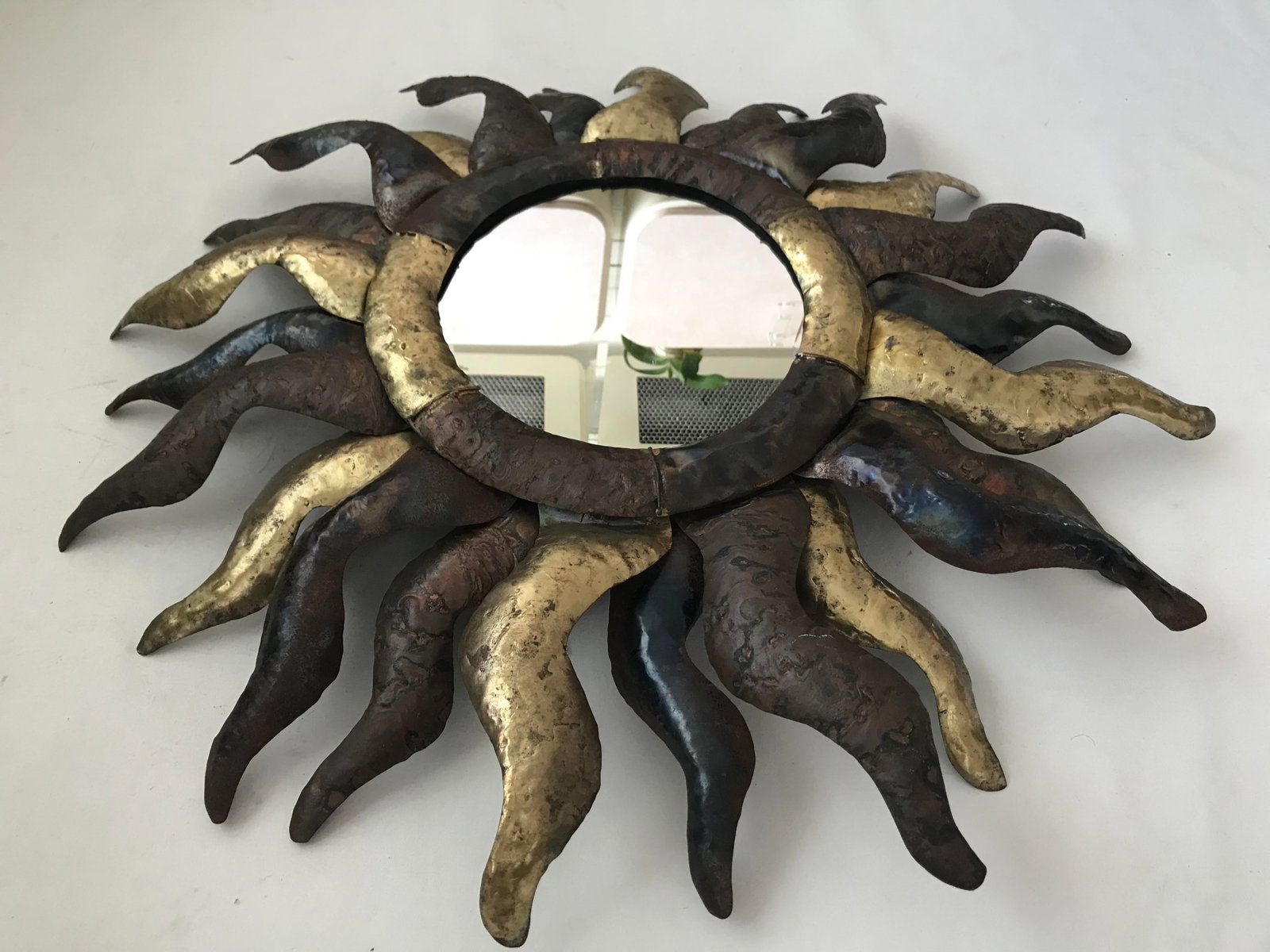 Vintage Brutalist Large Metal Sunburst Wall Mirror - 9
