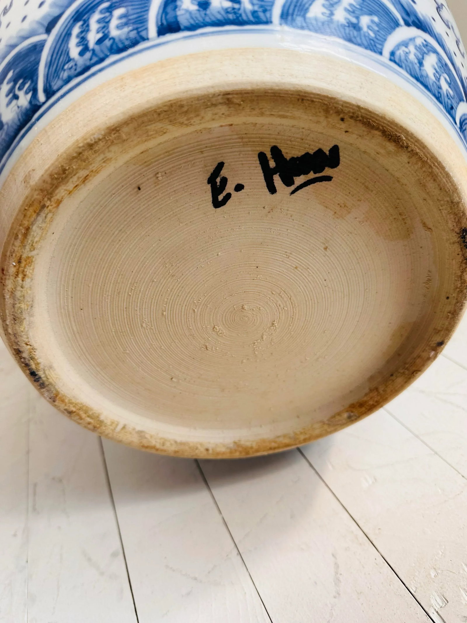 Vintage Blue and White Extra Large Chinese Dragon Chinoiserie Porcelain Fishbowl Jardiniere Planter - 10