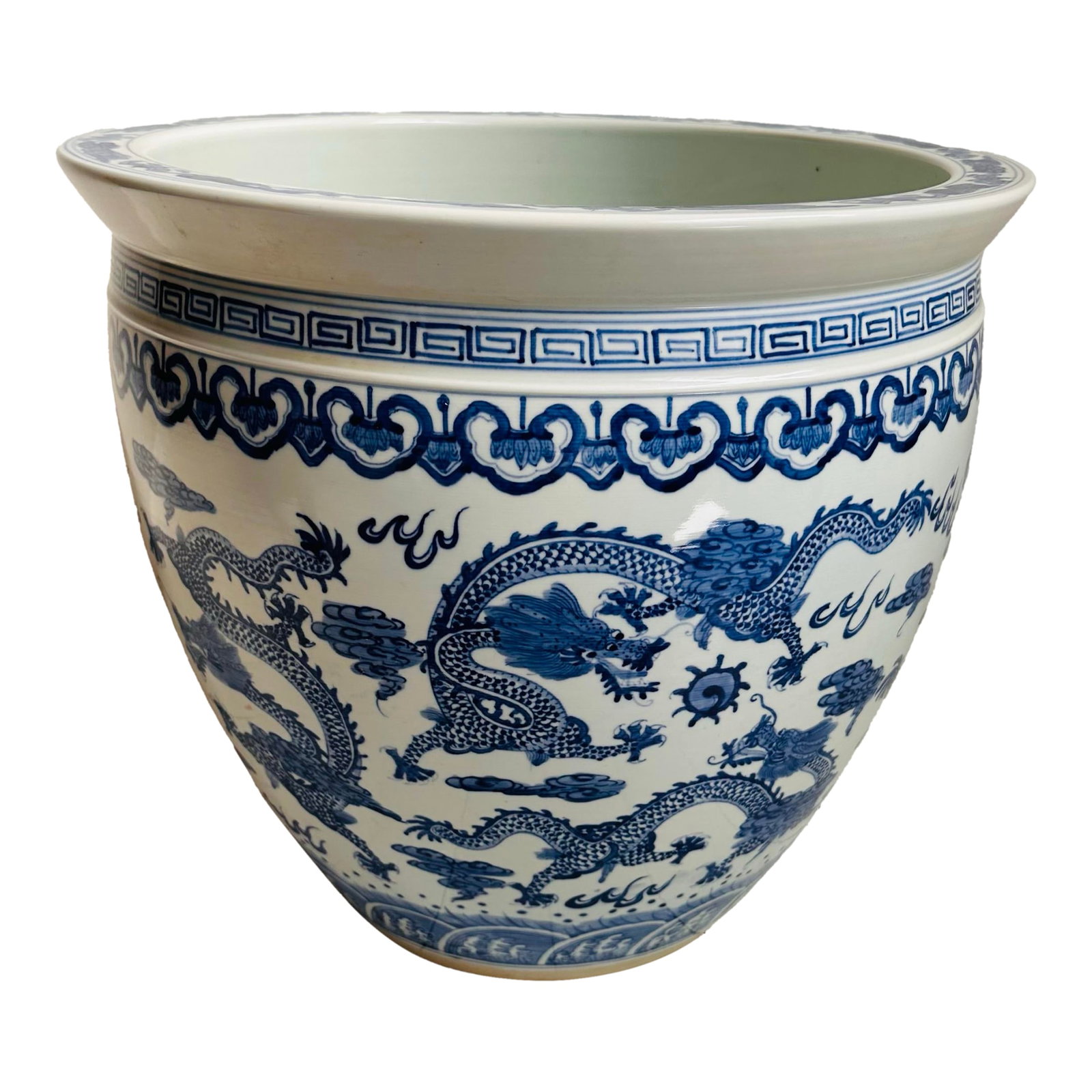 Vintage Blue and White Extra Large Chinese Dragon Chinoiserie Porcelain Fishbowl Jardiniere Planter: Vintage 80's extra large blue and white planter with dragon and waves pattern modeled after the Chinese Qing Dynasty. Measuring 18 inches wide, this large Chinoiserie fishbowl style jardiniere is