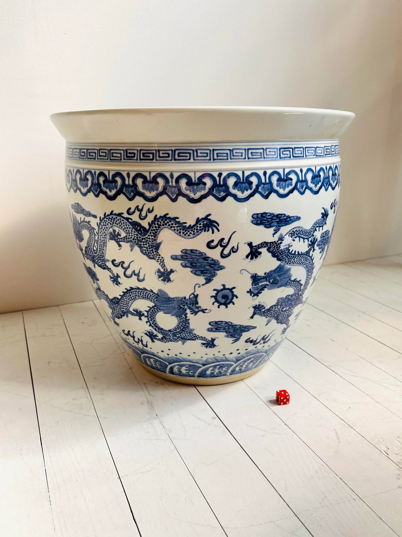 Vintage Blue and White Extra Large Chinese Dragon Chinoiserie Porcelain Fishbowl Jardiniere Planter - 6