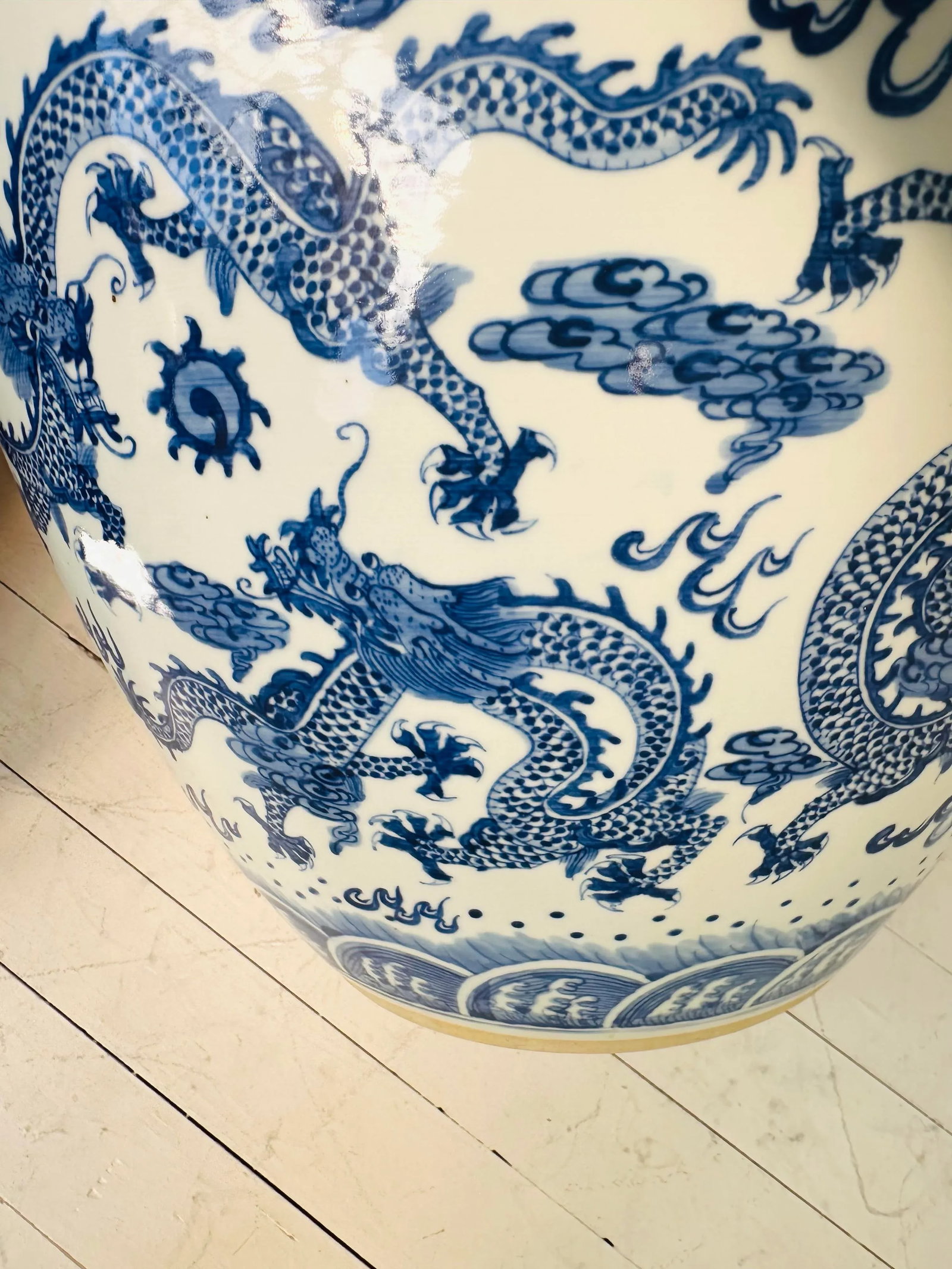 Vintage Blue and White Extra Large Chinese Dragon Chinoiserie Porcelain Fishbowl Jardiniere Planter - 9