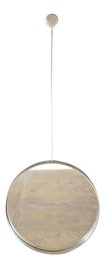 Midcentury Modern French Silver Drop Mirror: French midcentury drop mirror with brushed steel. I also have a smaller pair in the same style so these can be used in a grouping if desired. It should be noted though that the metal on the larger is