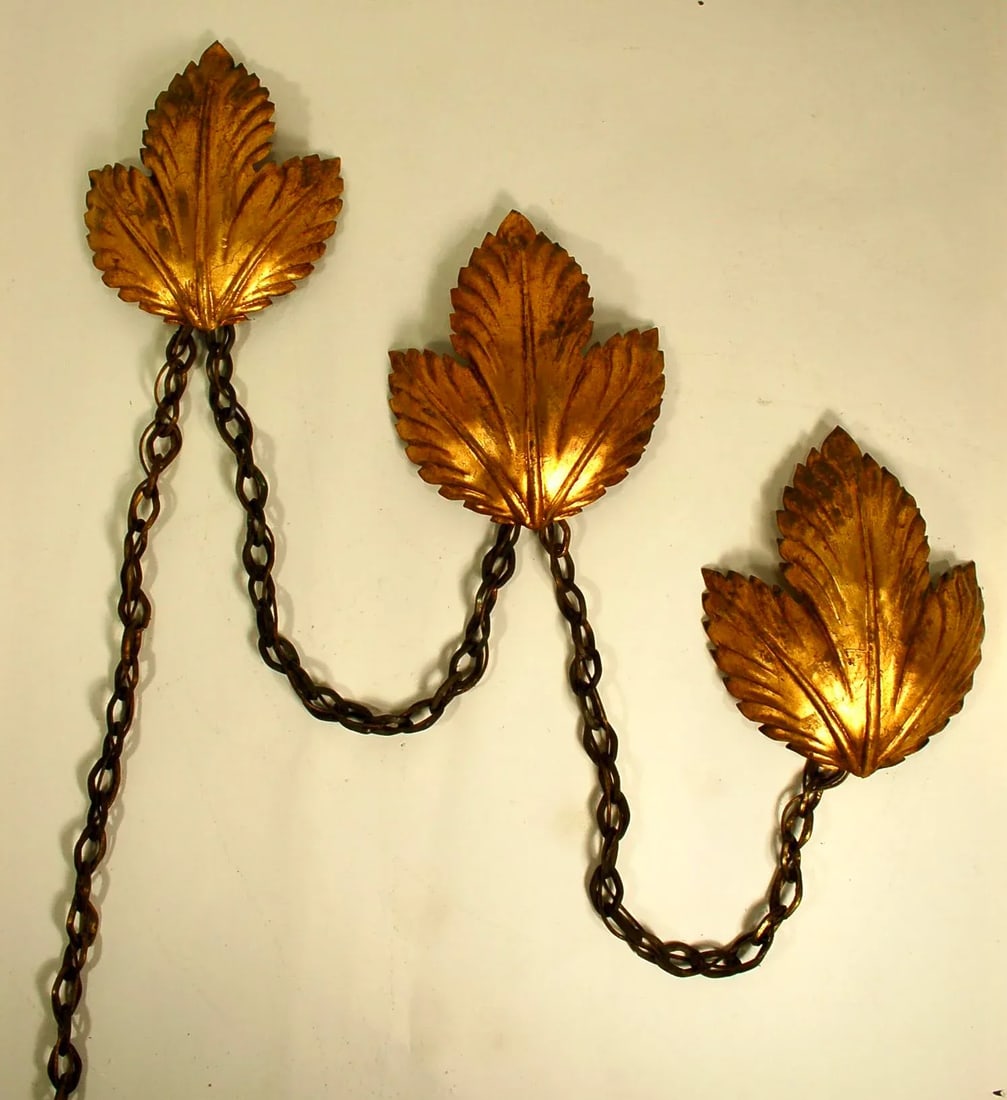 1950s Three Light Gold Leaf Wall Sconce - 8