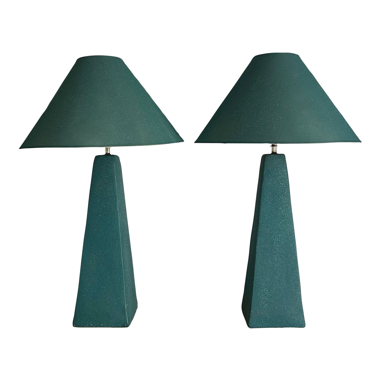 Vintage 1980's Teal Blue Custom Made Ceramic Large Table Lamps: Vintage 1980's custom painted teal blue table lamps. Features textured paint with lamp shades to match. Great large size. Measures 35" from base to finial top. Includes two lamps and two matching