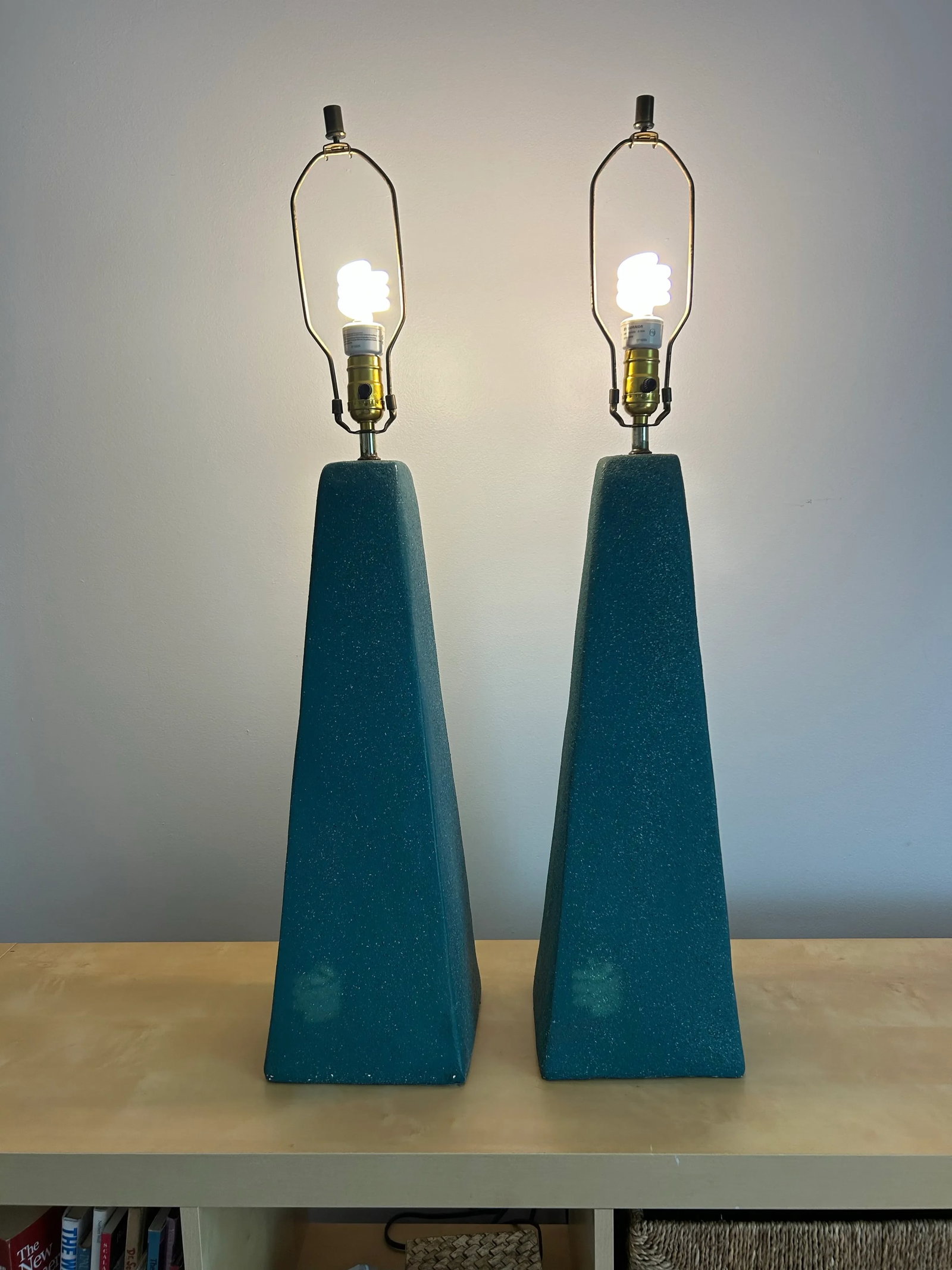 Vintage 1980's Teal Blue Custom Made Ceramic Large Table Lamps - 4