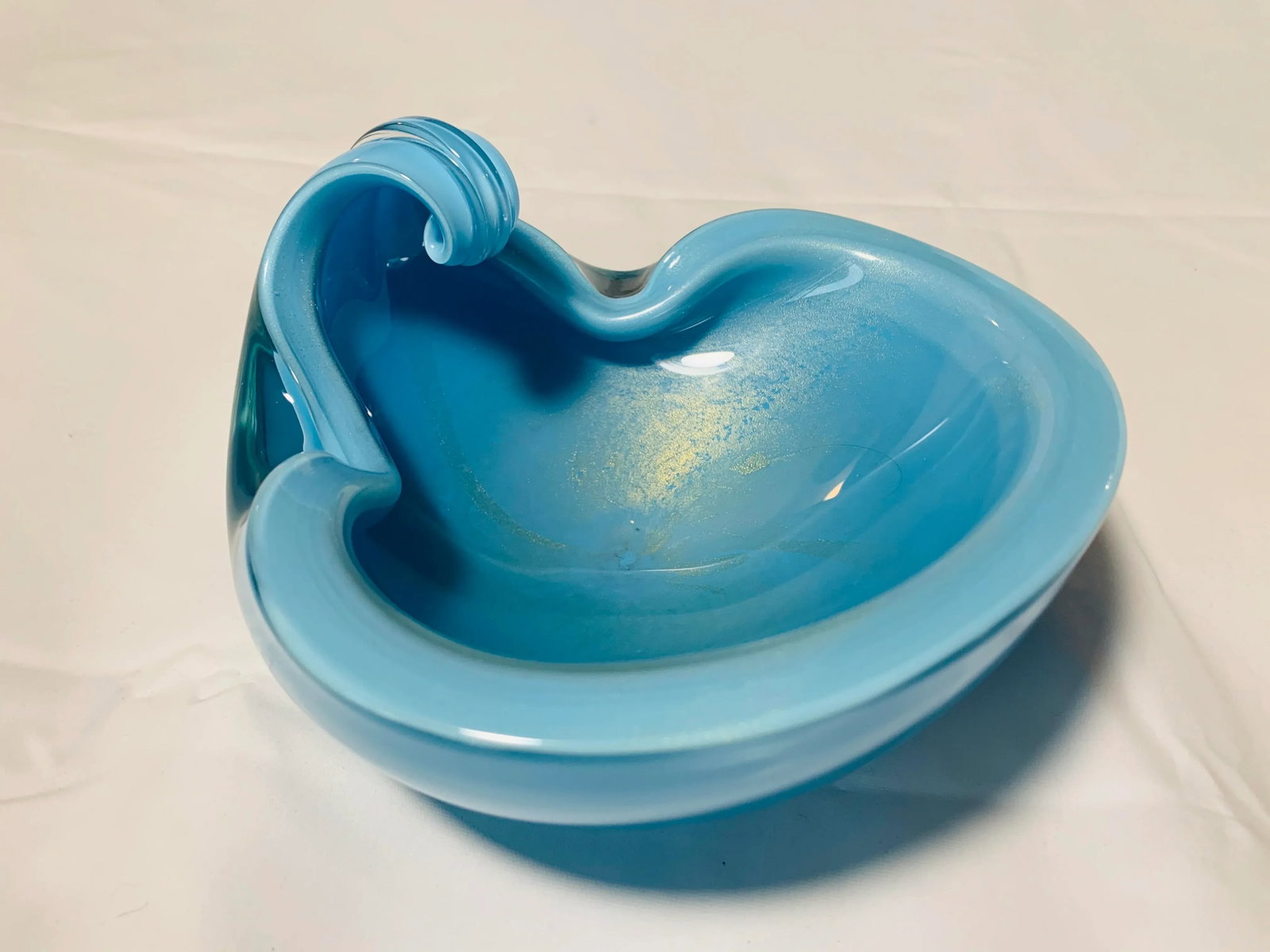 1950s Vintage Alfredo Barbini Italian Murano Blue Turquoise and Gold Fleck Cased Art Glass Dish - 10