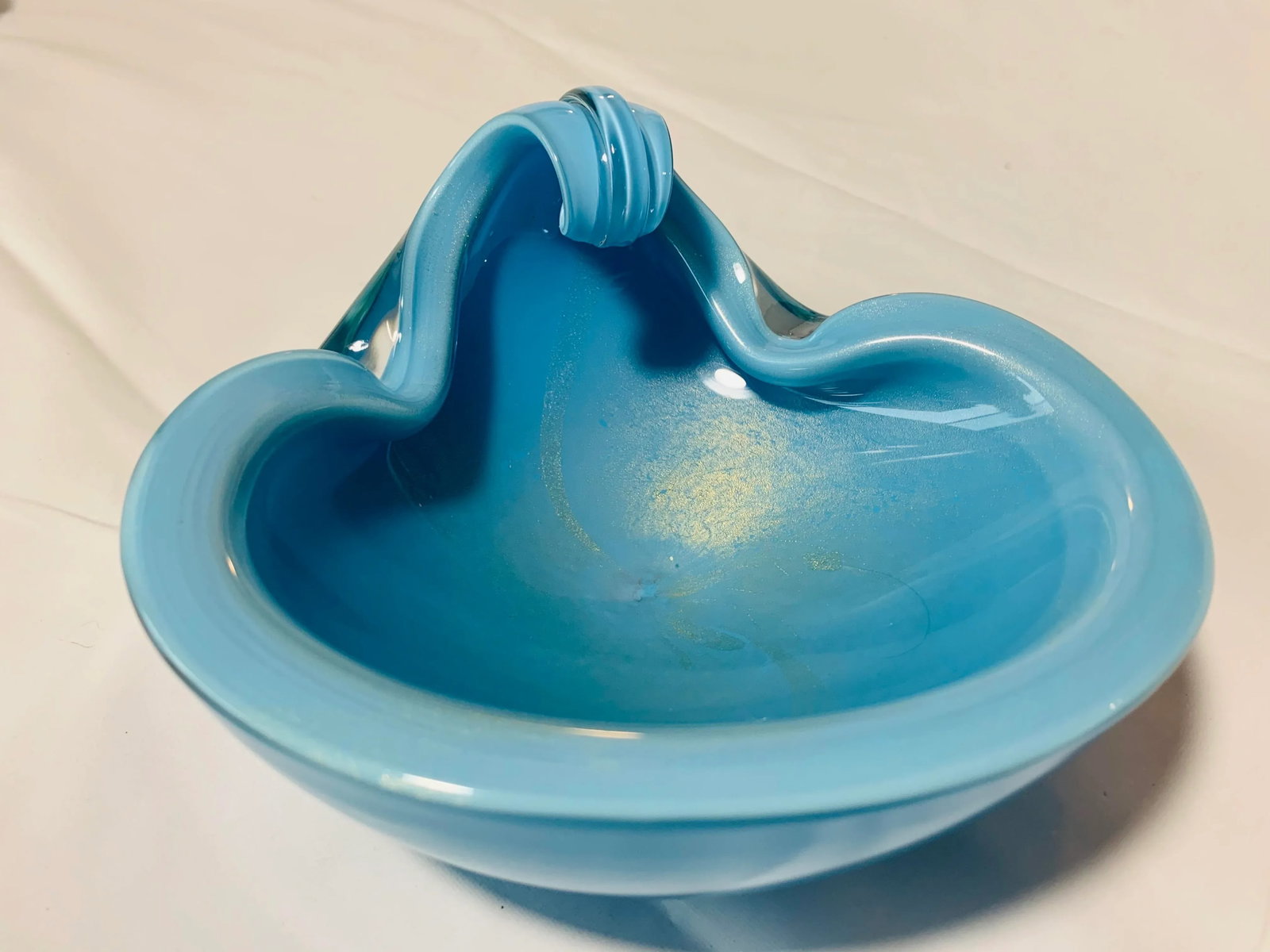 1950s Vintage Alfredo Barbini Italian Murano Blue Turquoise and Gold Fleck Cased Art Glass Dish - 11
