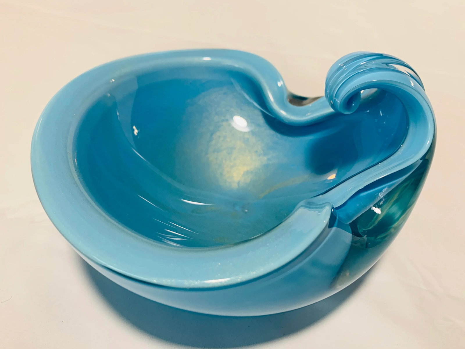 1950s Vintage Alfredo Barbini Italian Murano Blue Turquoise and Gold Fleck Cased Art Glass Dish - 12