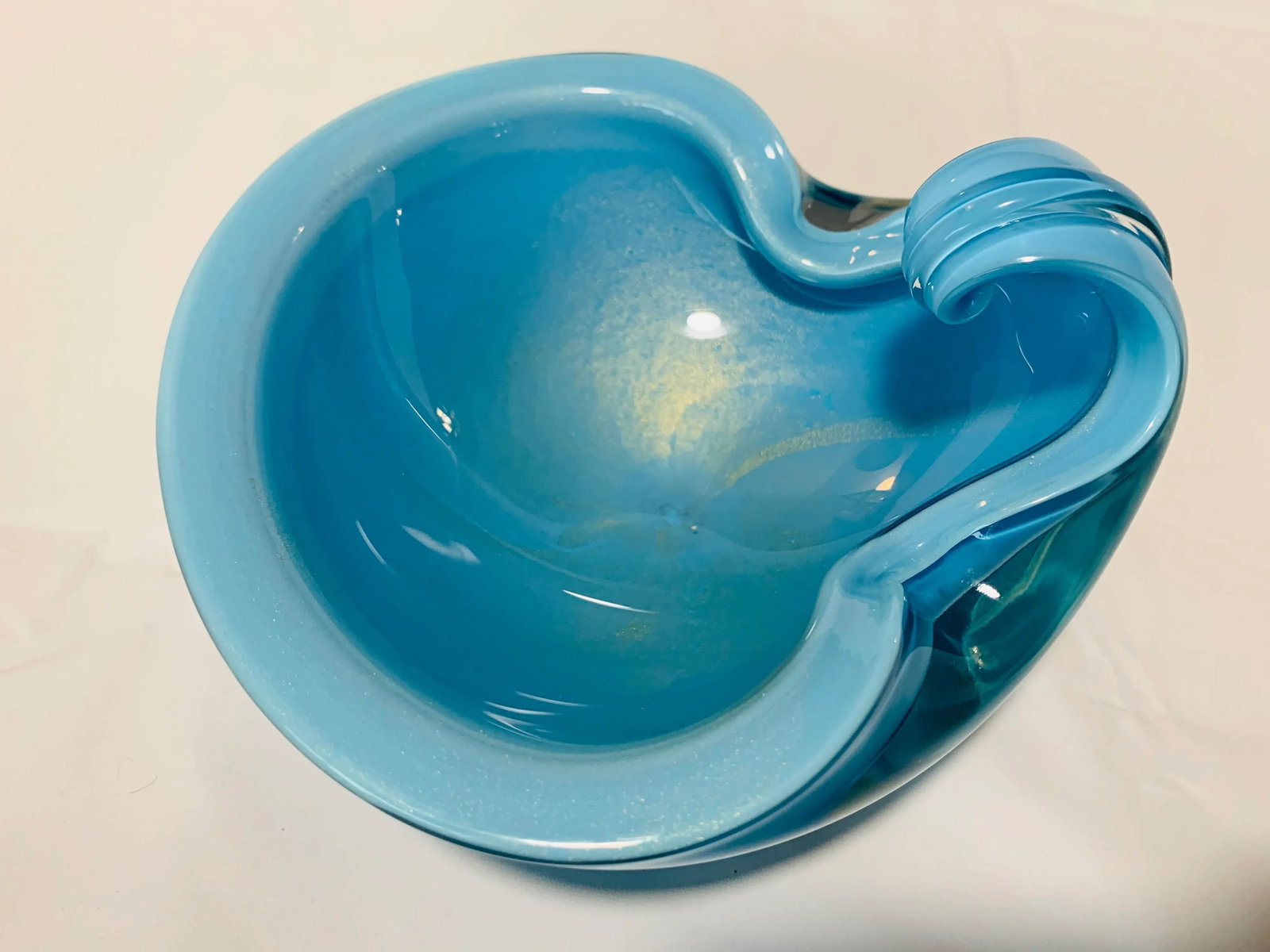 1950s Vintage Alfredo Barbini Italian Murano Blue Turquoise and Gold Fleck Cased Art Glass Dish - 13