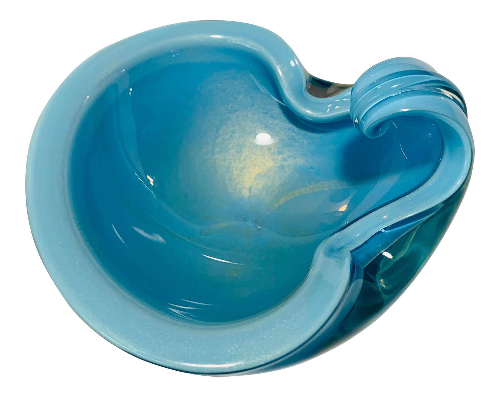 1950s Vintage Alfredo Barbini Italian Murano Blue Turquoise and Gold Fleck Cased Art Glass Dish: Offered here is a beautiful and heavy cased glass Murano bowl in a gorgeous shade of blue turquoise, circa 1950s. Documented to artist and designer Alfredo Barbini. The piece has two folded up sides, 
