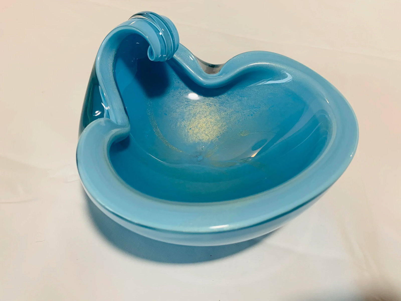1950s Vintage Alfredo Barbini Italian Murano Blue Turquoise and Gold Fleck Cased Art Glass Dish - 5