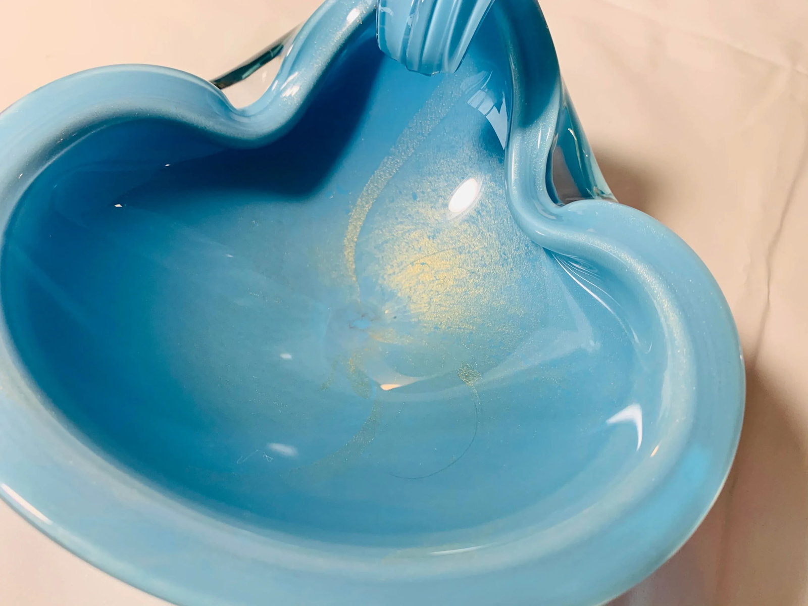 1950s Vintage Alfredo Barbini Italian Murano Blue Turquoise and Gold Fleck Cased Art Glass Dish - 6