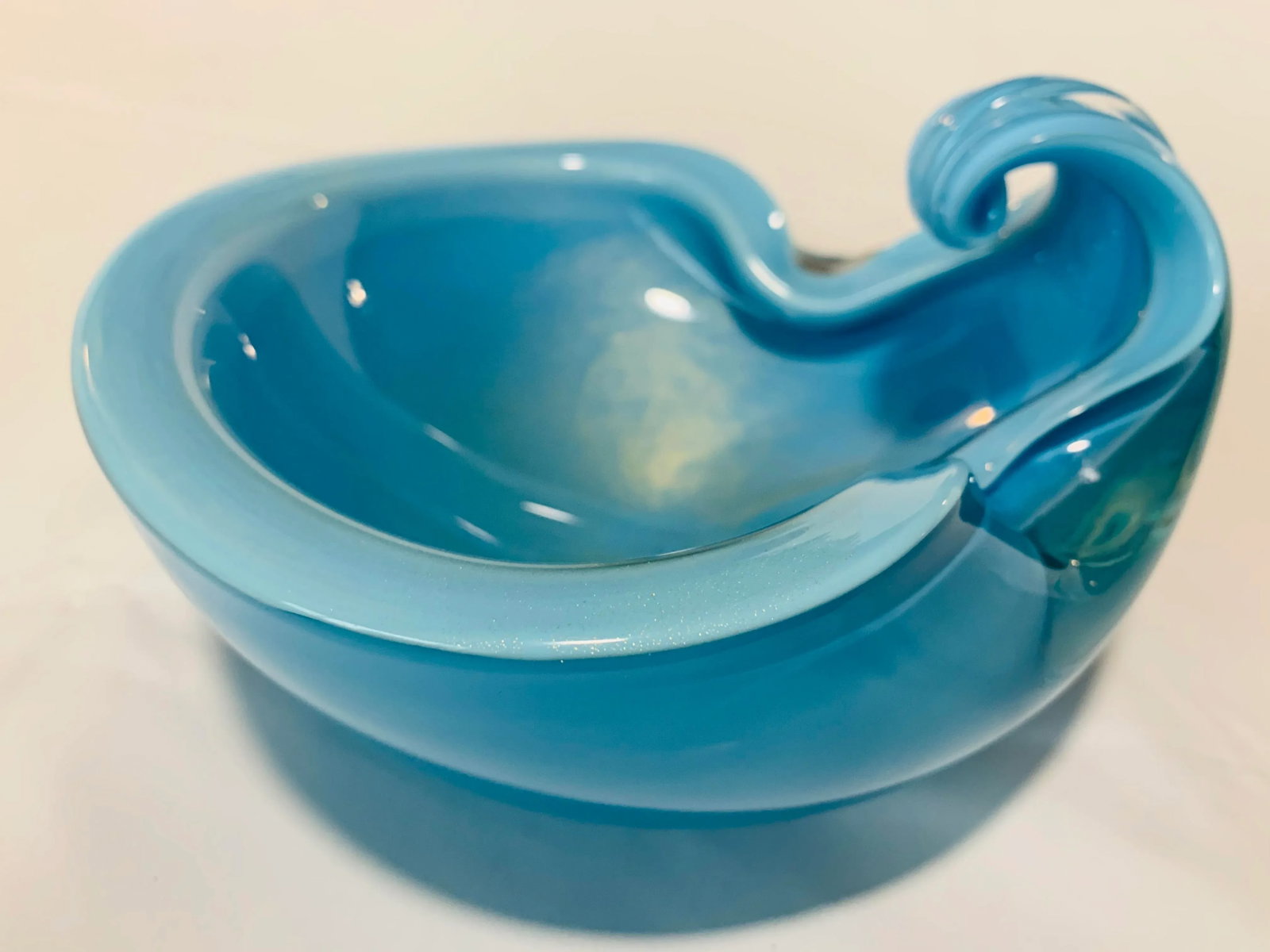1950s Vintage Alfredo Barbini Italian Murano Blue Turquoise and Gold Fleck Cased Art Glass Dish - 7