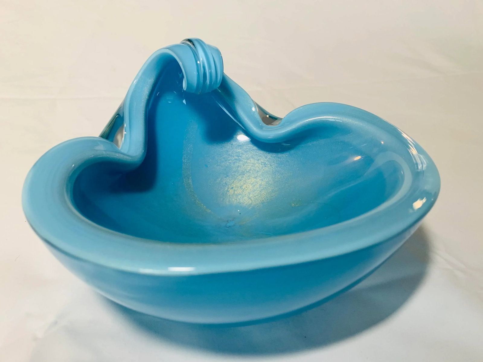 1950s Vintage Alfredo Barbini Italian Murano Blue Turquoise and Gold Fleck Cased Art Glass Dish - 9