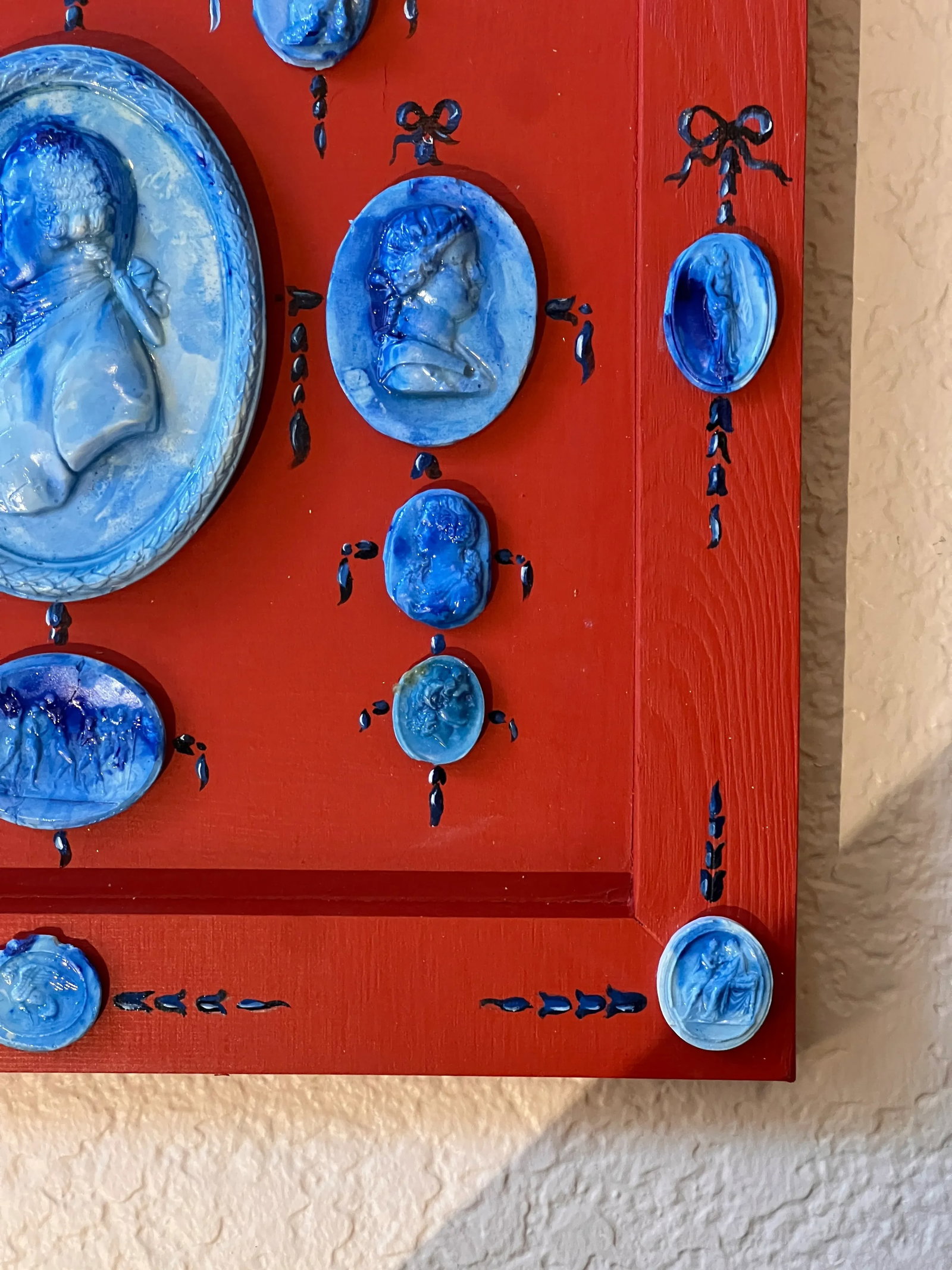 Grand Tour Style Blue Faience Glazed Plaster Intaglio Arrangement in Square Hand Painted Red Frame - 11