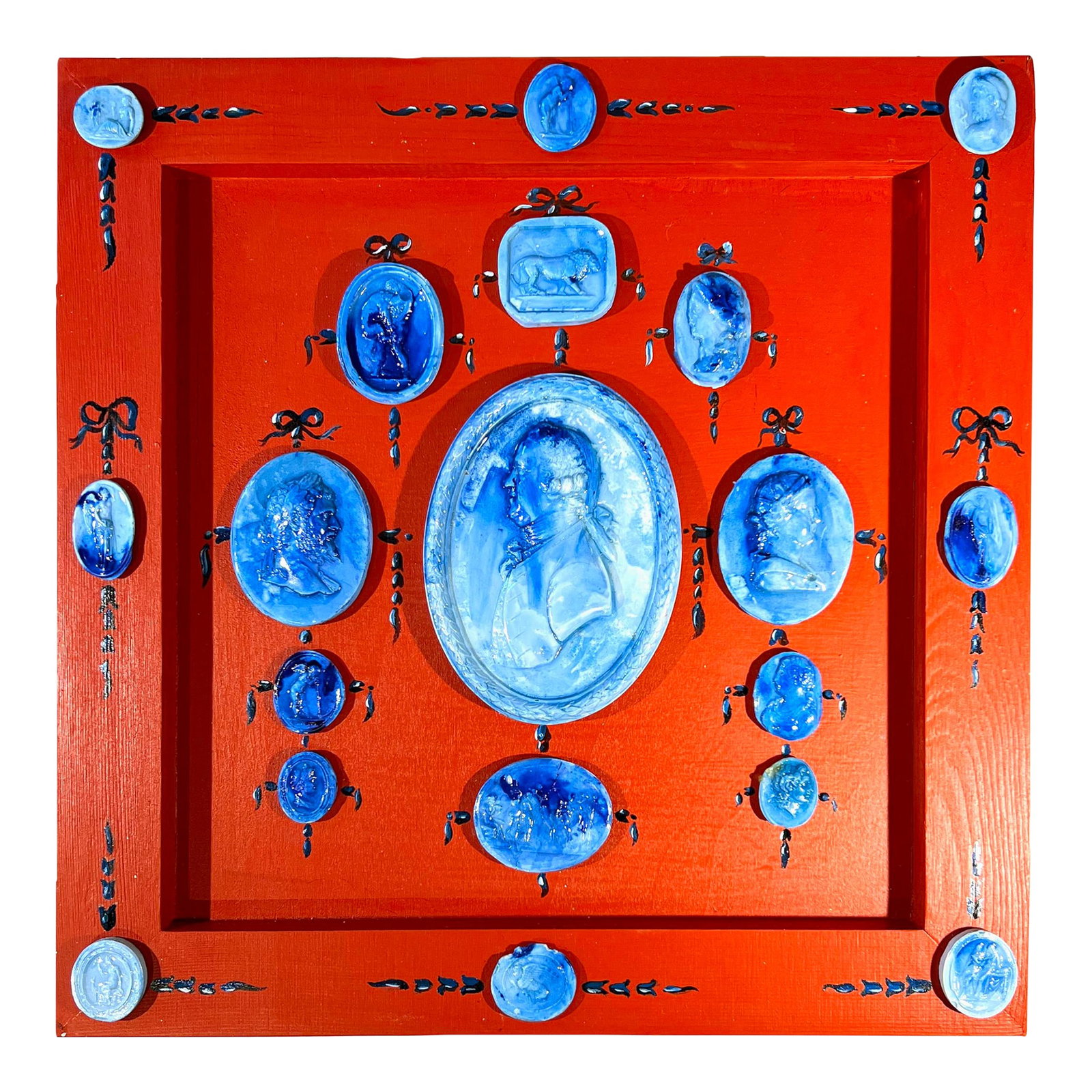 Grand Tour Style Blue Faience Glazed Plaster Intaglio Arrangement in Square Hand Painted Red Frame: A rare grand tour style blue Faience glazed plaster cameo arrangement. Red painted sunken frame and blue hand painted frame with garland theme During a creation of this beautiful set we used eight