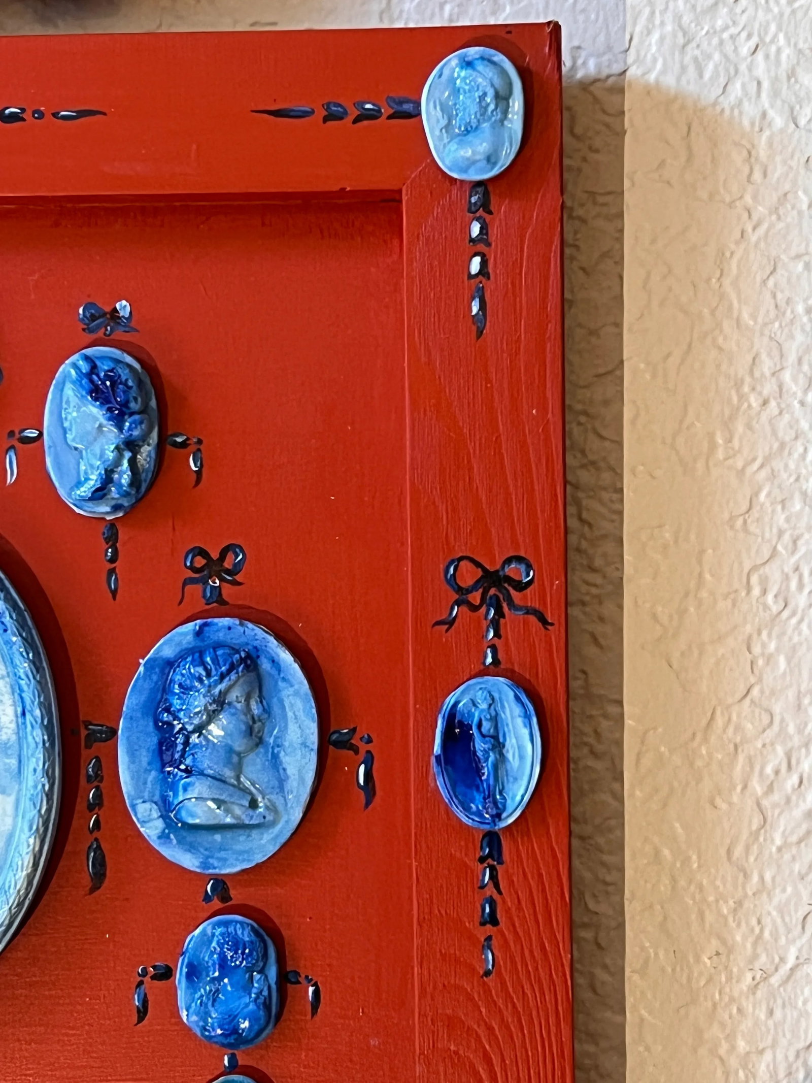 Grand Tour Style Blue Faience Glazed Plaster Intaglio Arrangement in Square Hand Painted Red Frame - 2