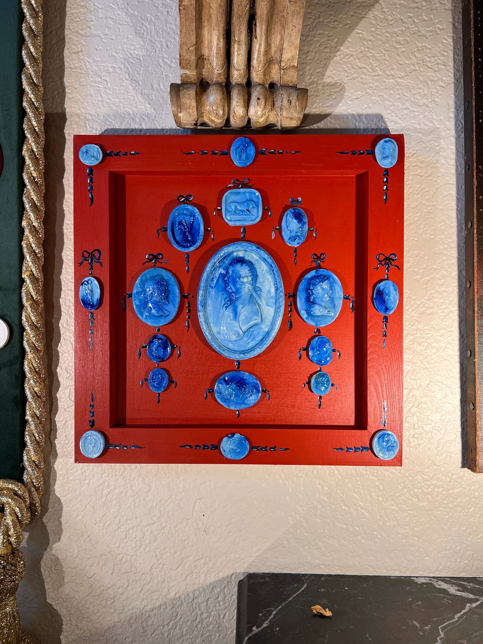 Grand Tour Style Blue Faience Glazed Plaster Intaglio Arrangement in Square Hand Painted Red Frame - 3