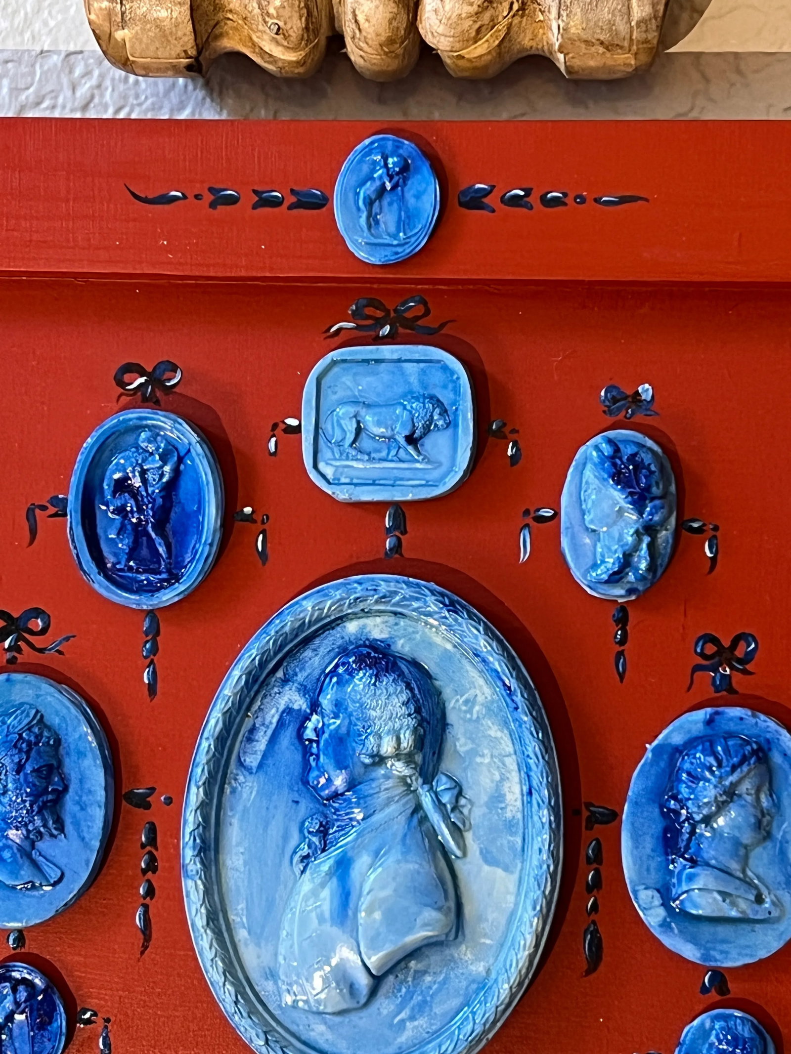 Grand Tour Style Blue Faience Glazed Plaster Intaglio Arrangement in Square Hand Painted Red Frame - 4