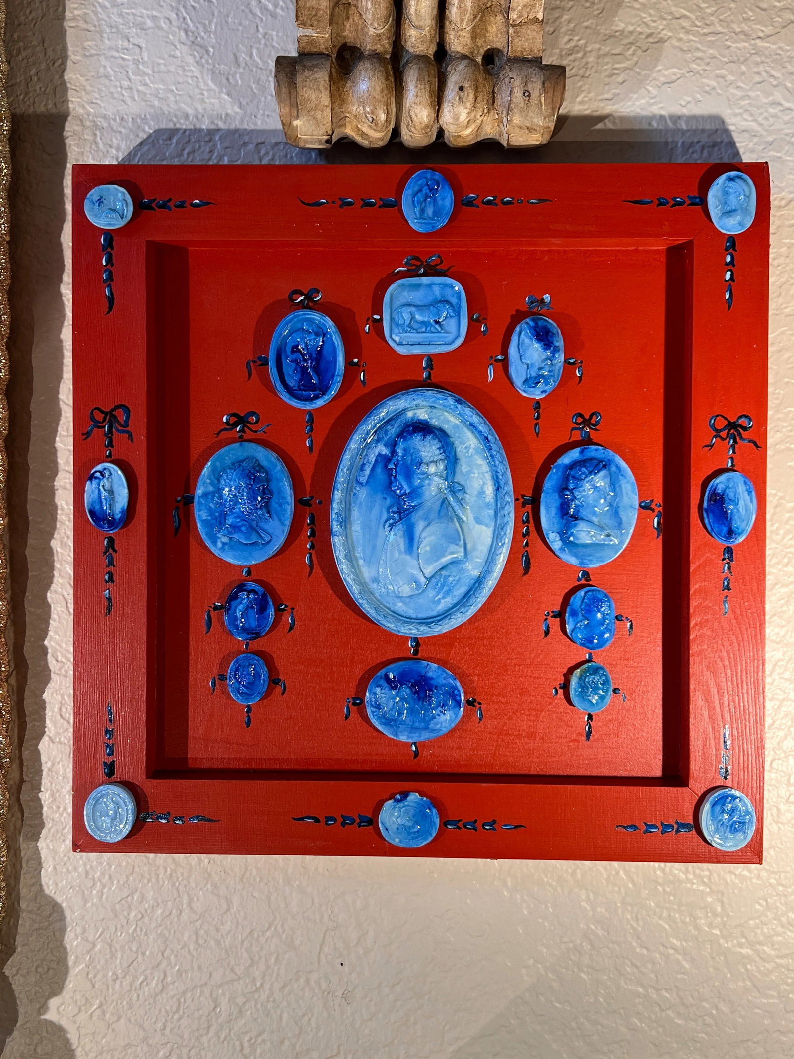 Grand Tour Style Blue Faience Glazed Plaster Intaglio Arrangement in Square Hand Painted Red Frame - 5