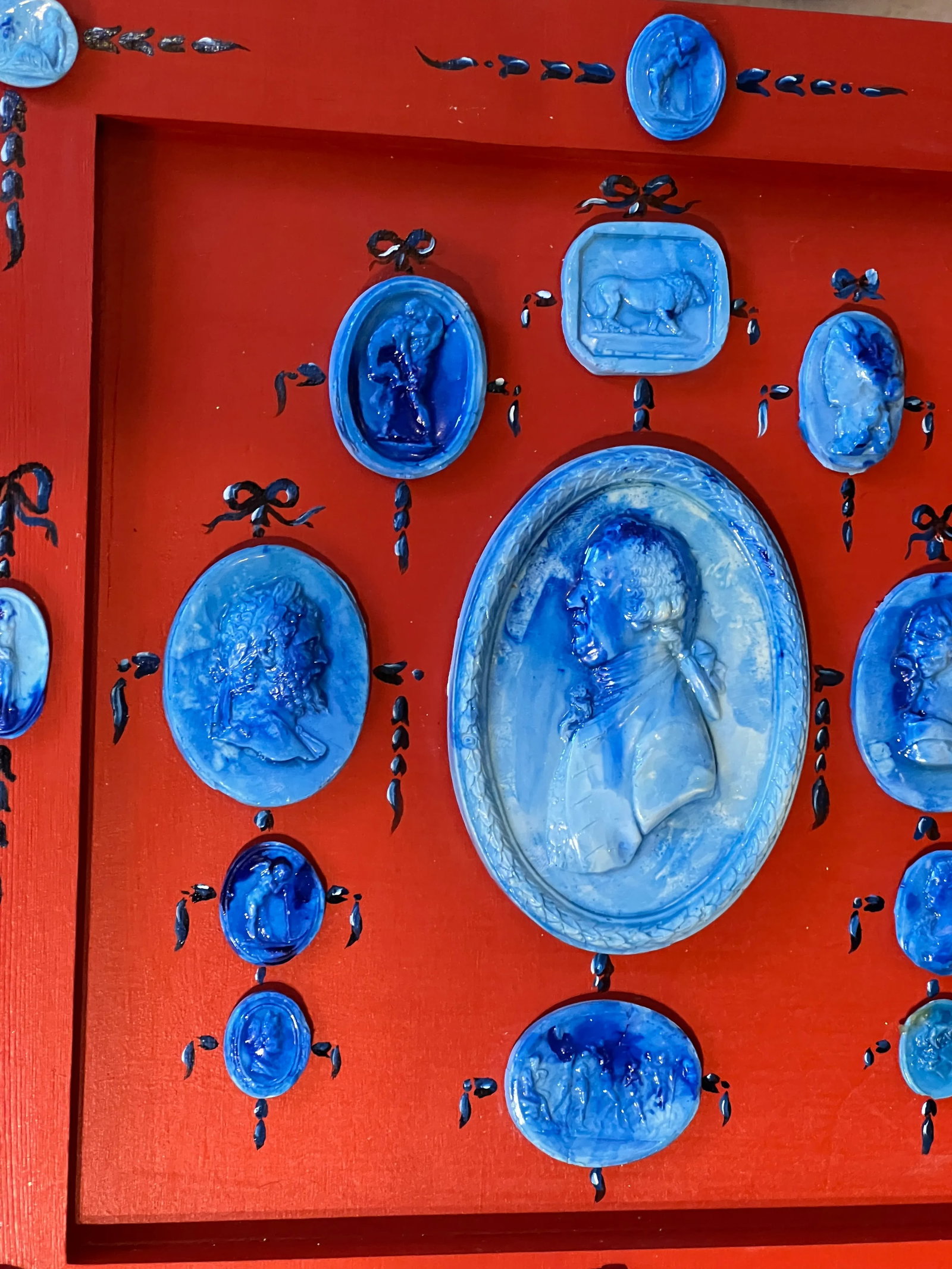 Grand Tour Style Blue Faience Glazed Plaster Intaglio Arrangement in Square Hand Painted Red Frame - 6