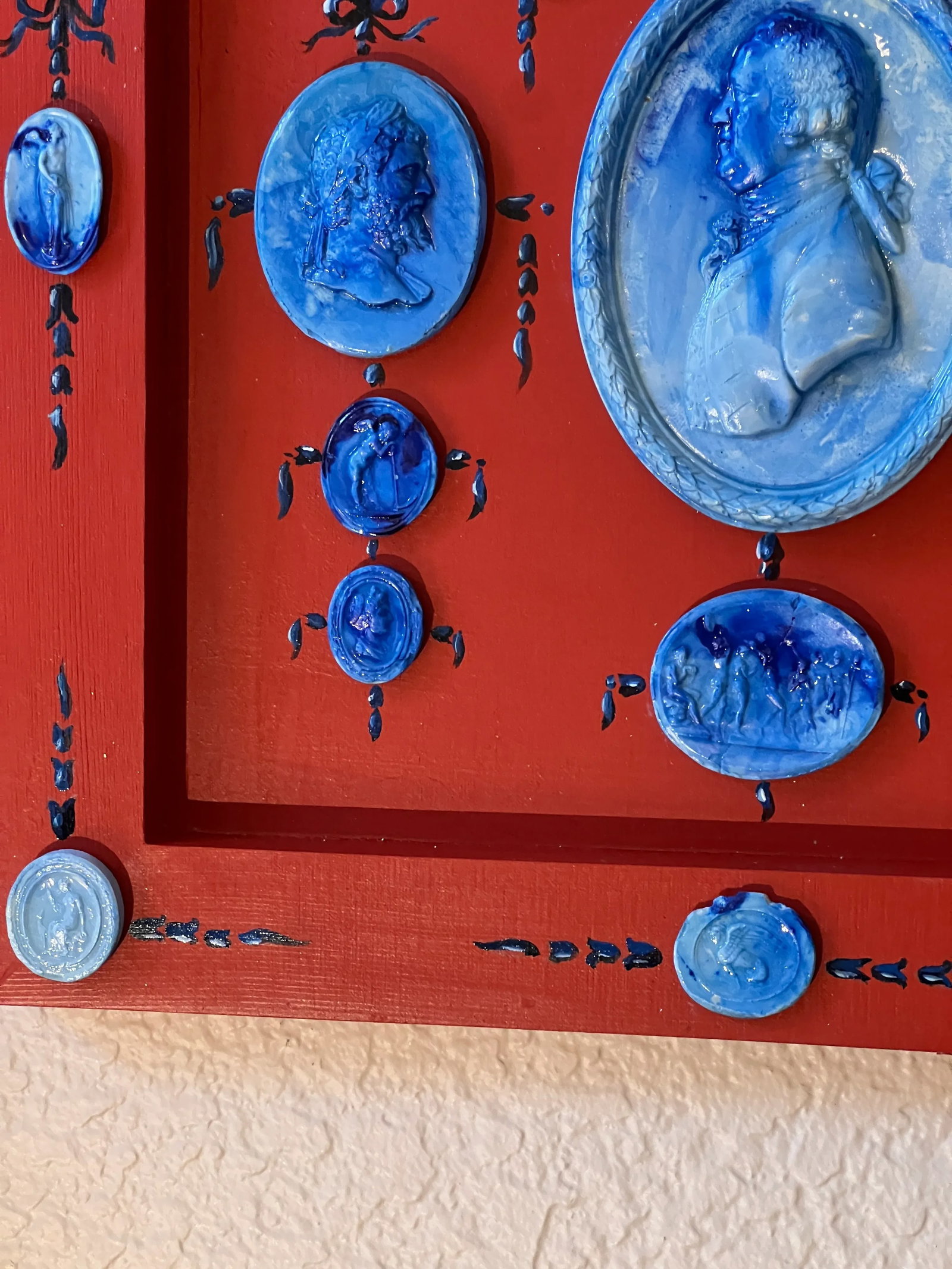Grand Tour Style Blue Faience Glazed Plaster Intaglio Arrangement in Square Hand Painted Red Frame - 7