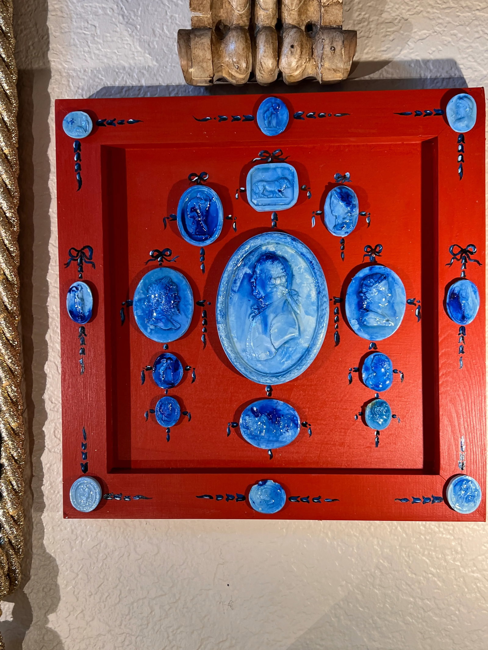 Grand Tour Style Blue Faience Glazed Plaster Intaglio Arrangement in Square Hand Painted Red Frame - 8