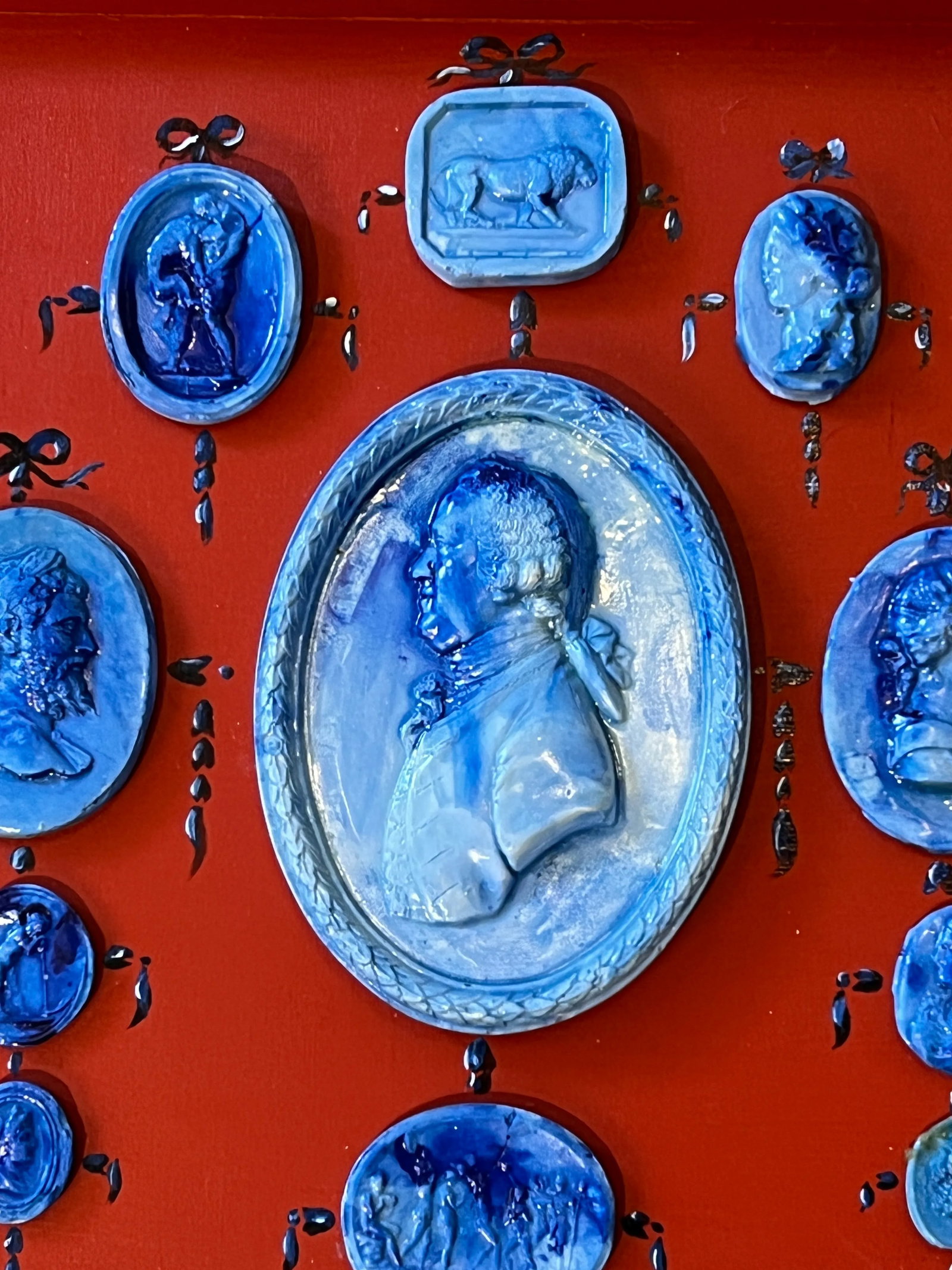 Grand Tour Style Blue Faience Glazed Plaster Intaglio Arrangement in Square Hand Painted Red Frame - 9