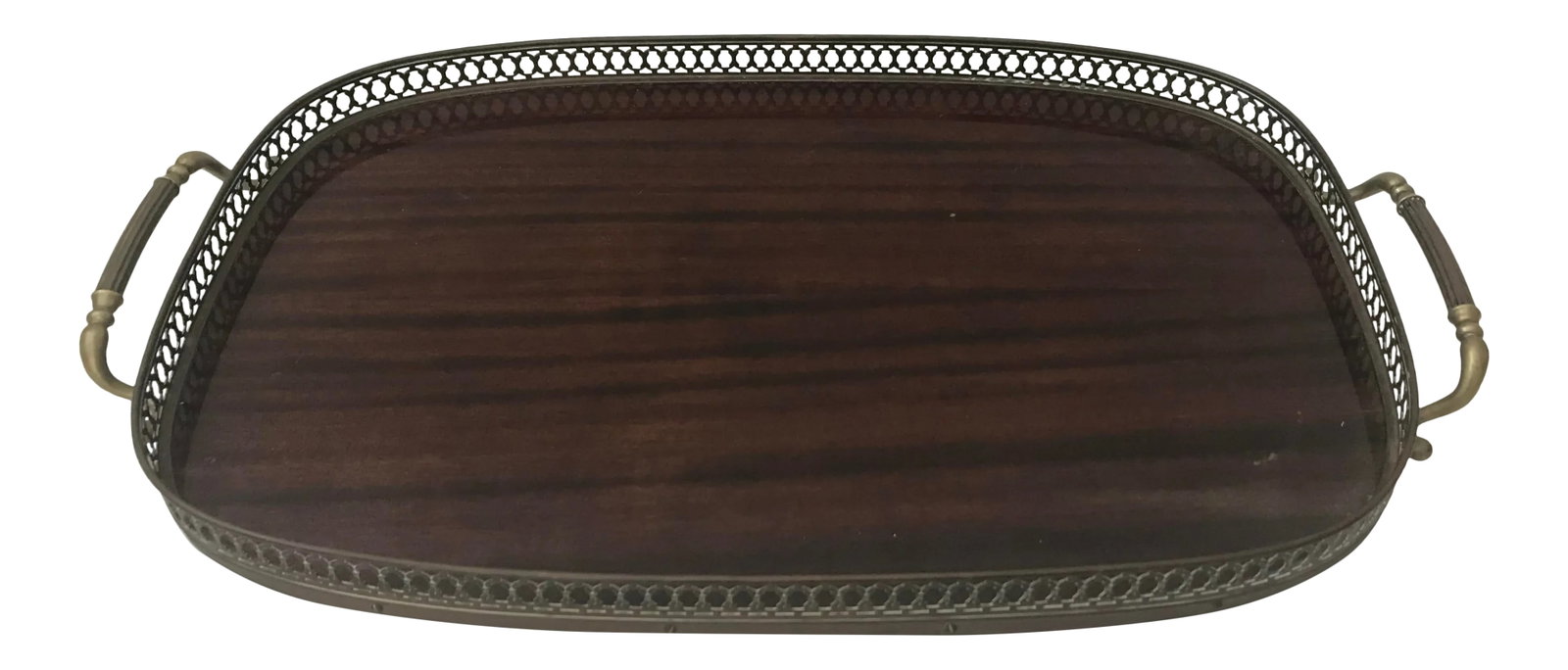 Mahogany Brass Serving Tray Mid Century: Mahogany Brass Serving Tray Brass Handles and Gallery Fretwork Edge Condition: Alterations: Original Condition Unaltered Imperfections: Some Imperfections Condition Notes: Wear consistent to age and