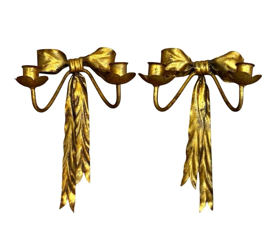 Vintage Italian Gilt Tole Gold Bow Wall Sconces / Candle Holders, a Pair - 2