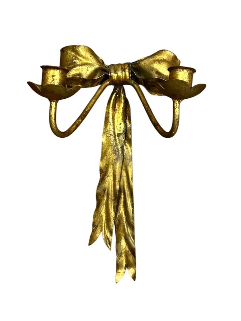 Vintage Italian Gilt Tole Gold Bow Wall Sconces / Candle Holders, a Pair - 3