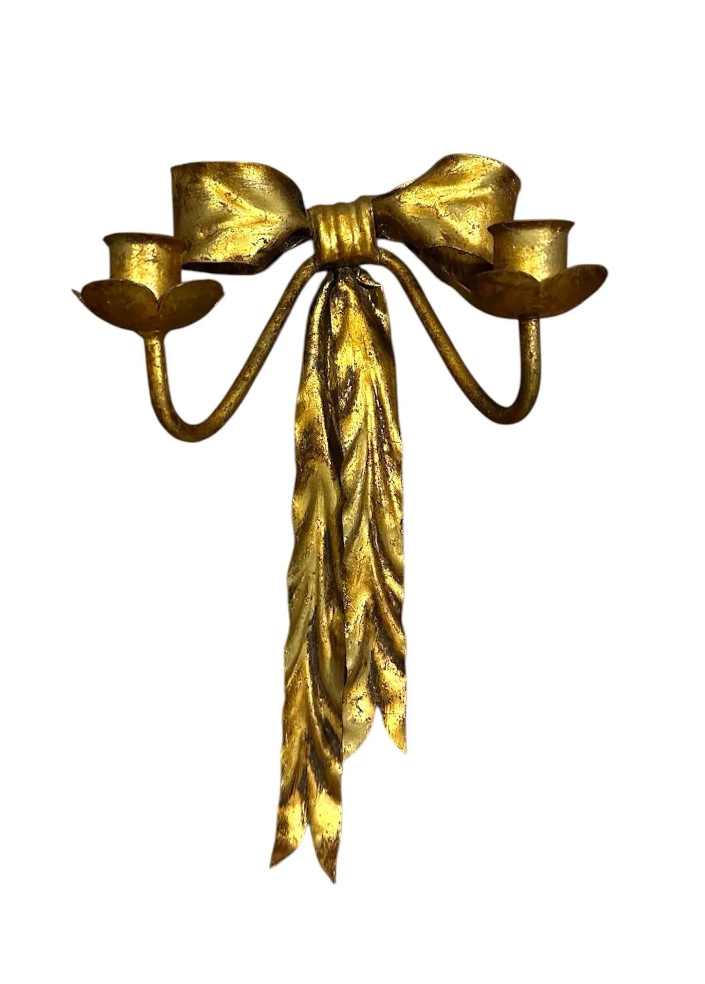 Vintage Italian Gilt Tole Gold Bow Wall Sconces / Candle Holders, a Pair - 4