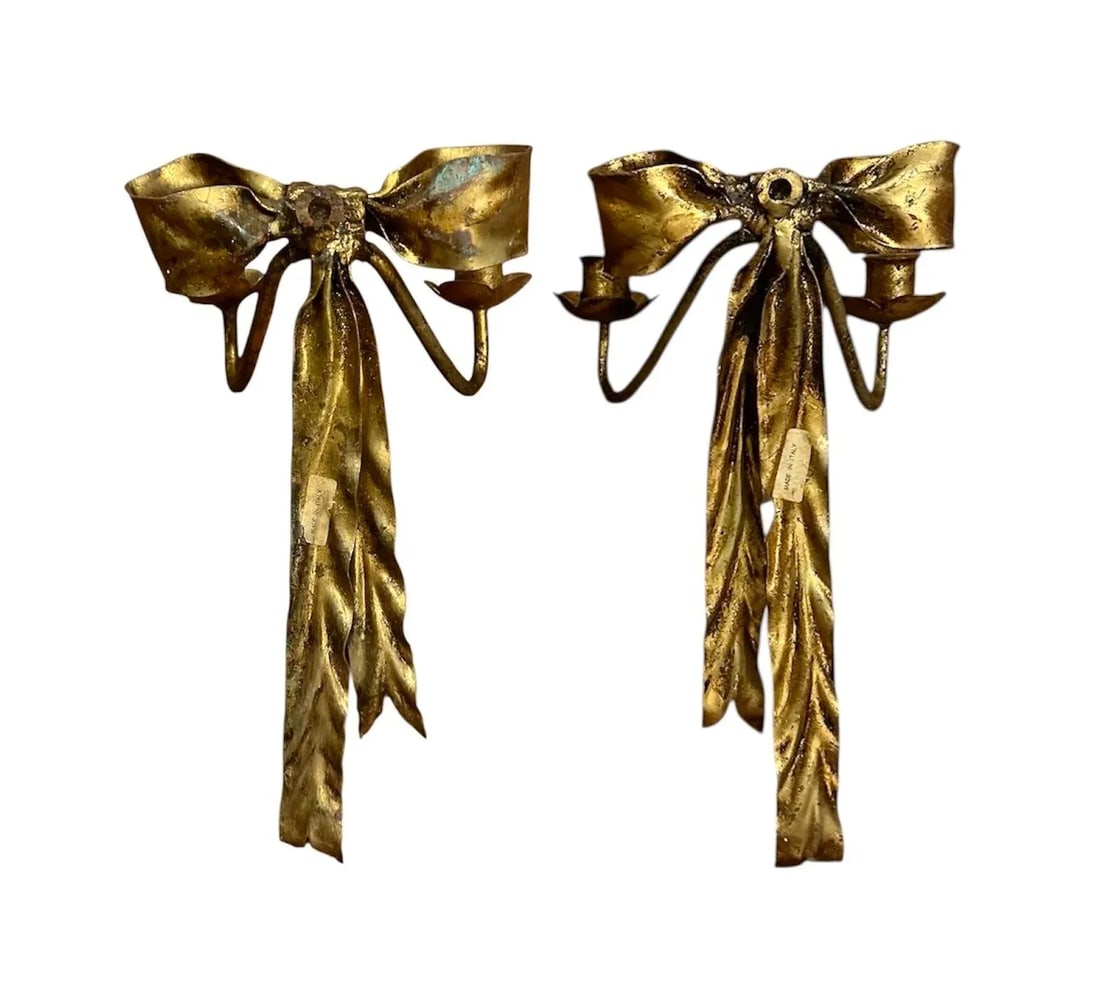 Vintage Italian Gilt Tole Gold Bow Wall Sconces / Candle Holders, a Pair - 5