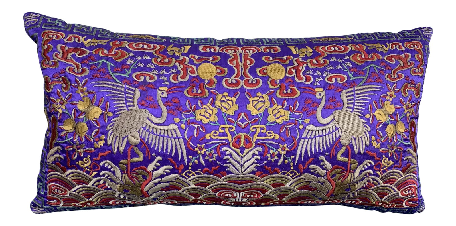 Hollywood Regency Purple & Gold Asian Silk Crane Lumbar Boudoir Pillow: Boudoir lumbar pillow made of a vintage colorful embroidered silk Asian textile fragment from a Chinese Opera Robe. A perfect little pop of color! New linen back and zipper closure. Custom down feathe