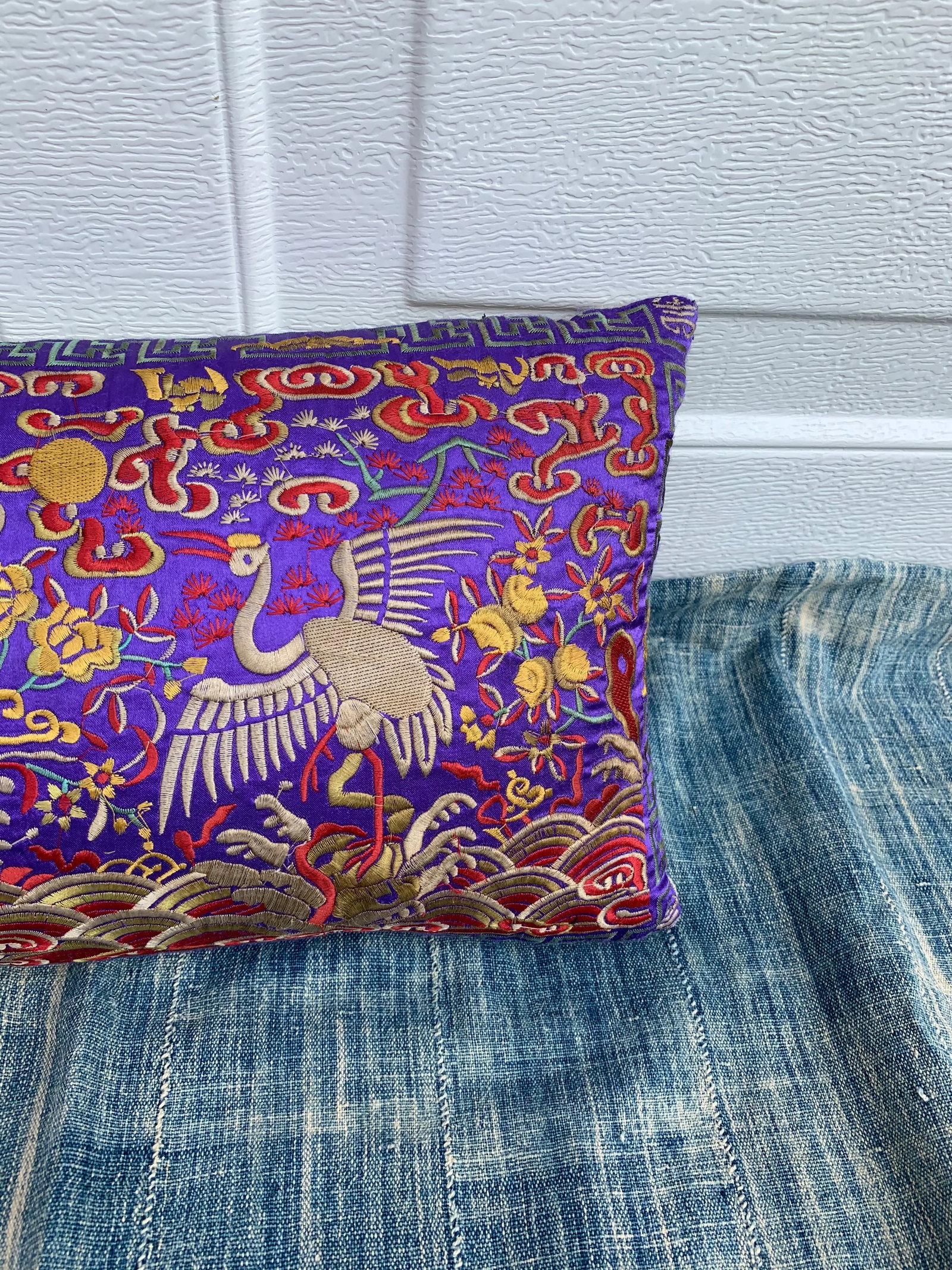Hollywood Regency Purple & Gold Asian Silk Crane Lumbar Boudoir Pillow - 2