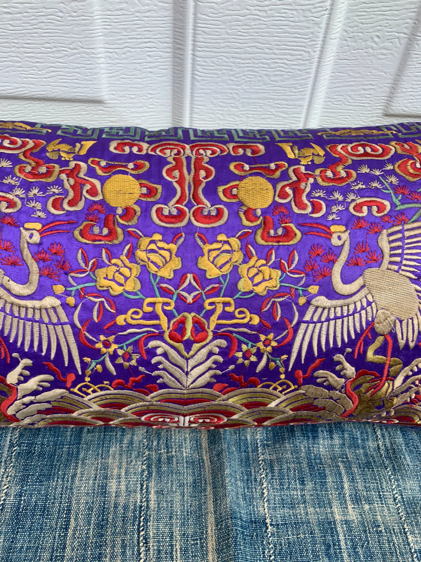 Hollywood Regency Purple & Gold Asian Silk Crane Lumbar Boudoir Pillow - 3