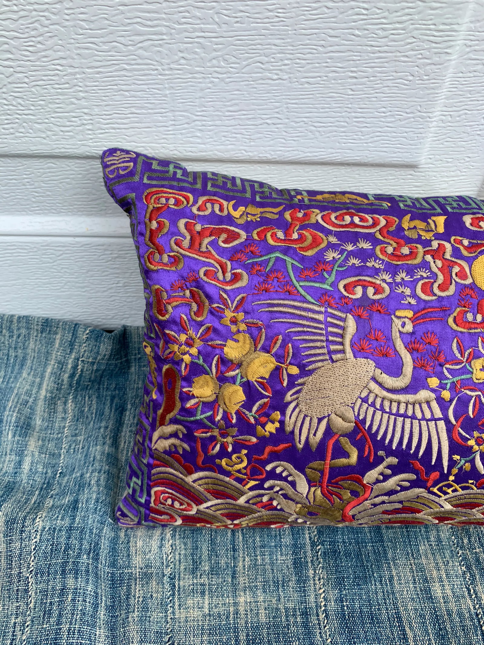 Hollywood Regency Purple & Gold Asian Silk Crane Lumbar Boudoir Pillow - 4