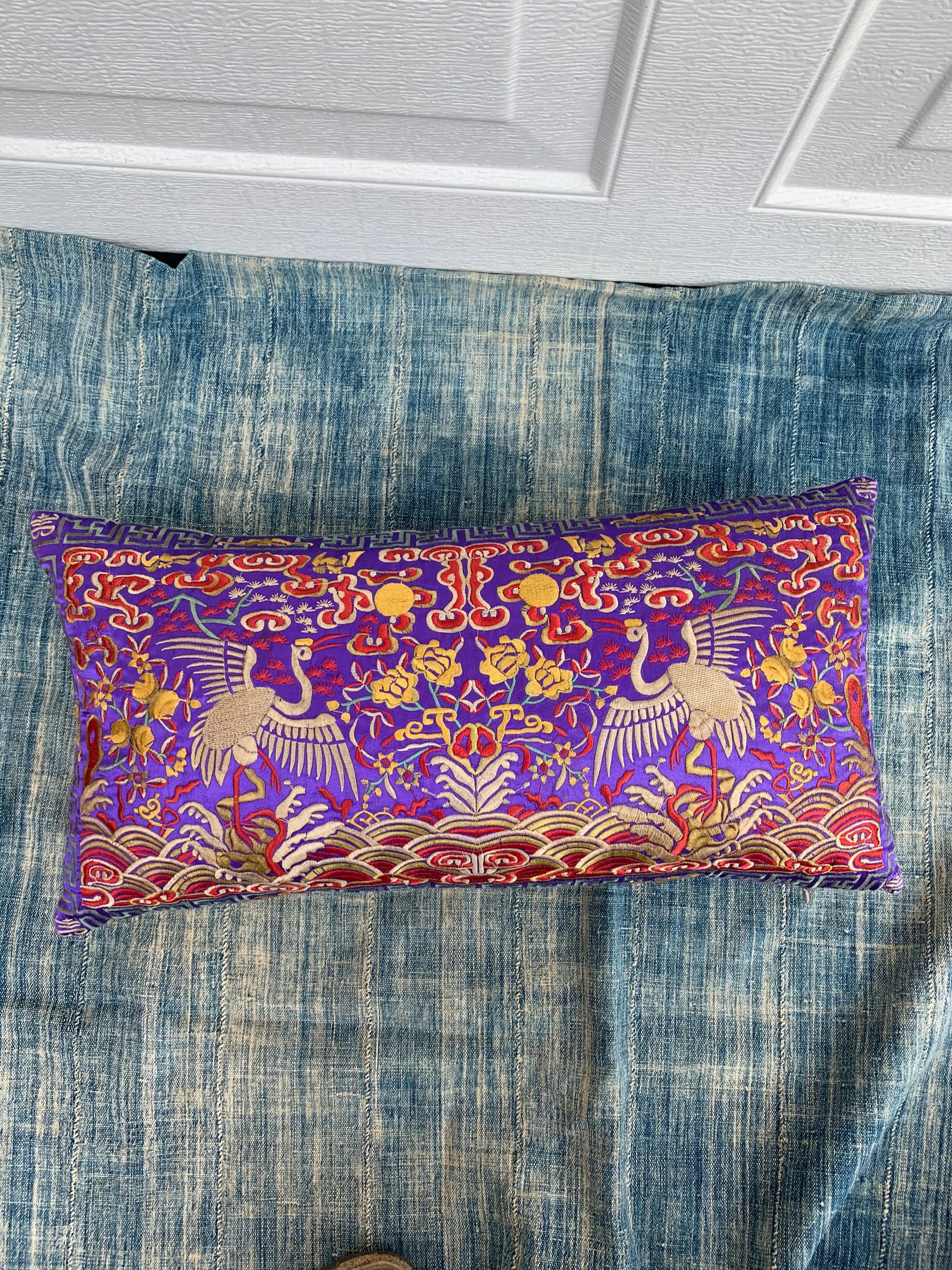 Hollywood Regency Purple & Gold Asian Silk Crane Lumbar Boudoir Pillow - 5