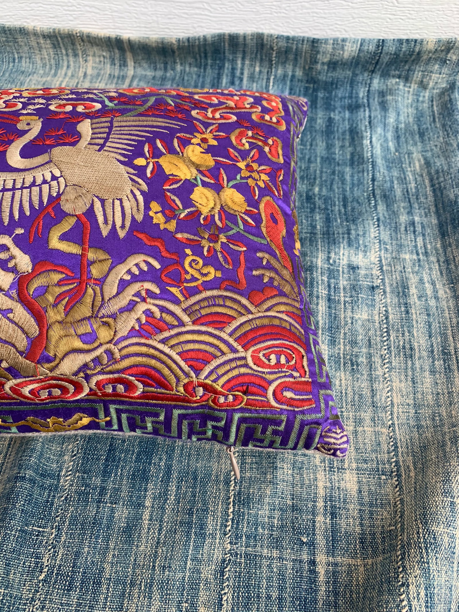 Hollywood Regency Purple & Gold Asian Silk Crane Lumbar Boudoir Pillow - 6