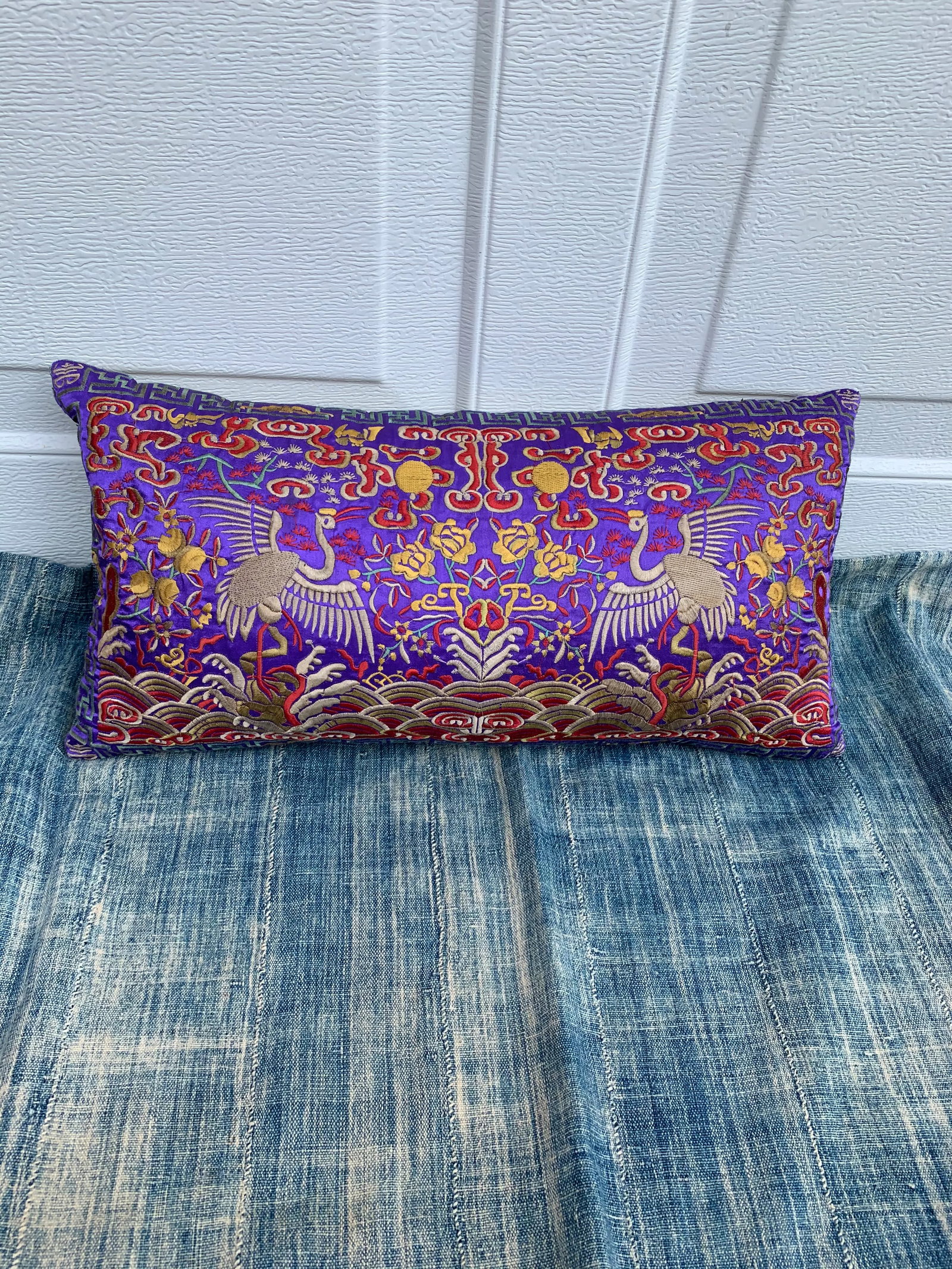 Hollywood Regency Purple & Gold Asian Silk Crane Lumbar Boudoir Pillow - 9