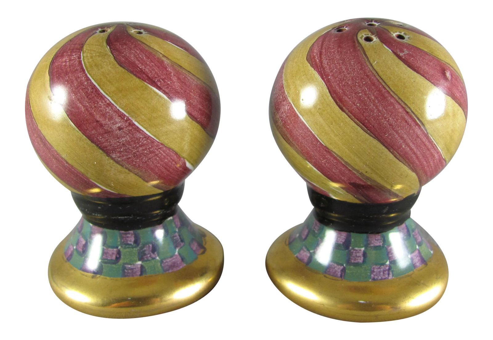 Mackenzie Childs Torquay Frank & Mustard Stripe Salt & Pepper Shakers - a Pair: These handmade items show imperfections/manufacturing flaws No chips nor cracks Rubber stoppers are pliable and come in and out of holes as they should They have been used, so they will need a