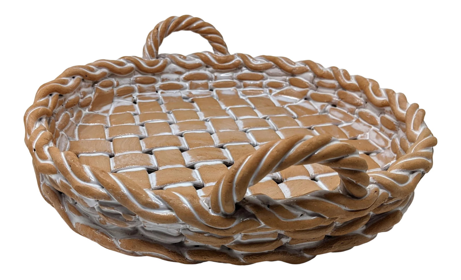 Vintage 1990s Italian European Ceramic Castellan Terra Cotta Hand Woven Terracotta Basket Bowl With: This Ceramic Castellan Terracotta basket was handmade in Italy and measures approximately 11" in length and width by 3" tall with the handles included (1.75" with handles excluded) and weighs