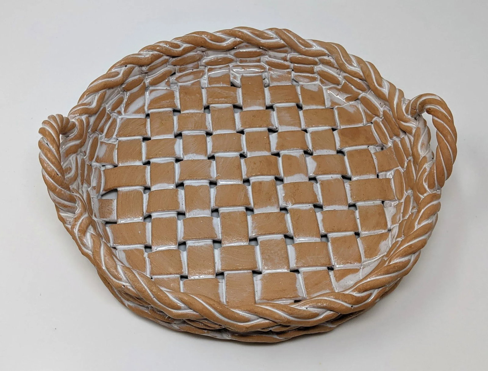 Vintage 1990s Italian European Ceramic Castellan Terra Cotta Hand Woven Terracotta Basket Bowl With - 2