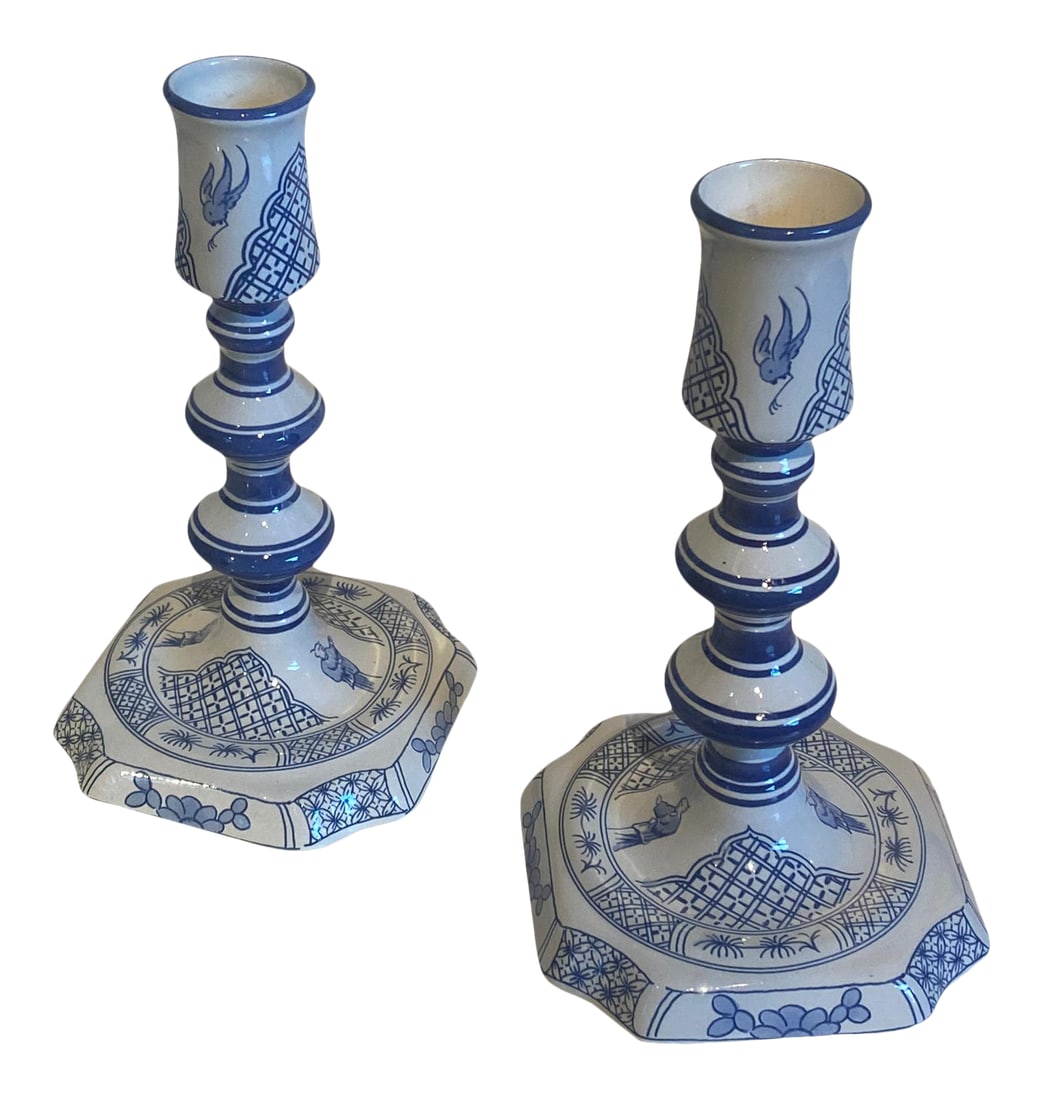 Vintage Royal Goedewoagen Blue and White Hand Painted Candlesticks Made in Holland - Set of 2: Pair of Vintage Royal Goedewoagen Blue and White Hand Painted Candlesticks made in Holland Condition: Alterations: Original Condition Unaltered Imperfections: Some Imperfections Condition Notes: Excel