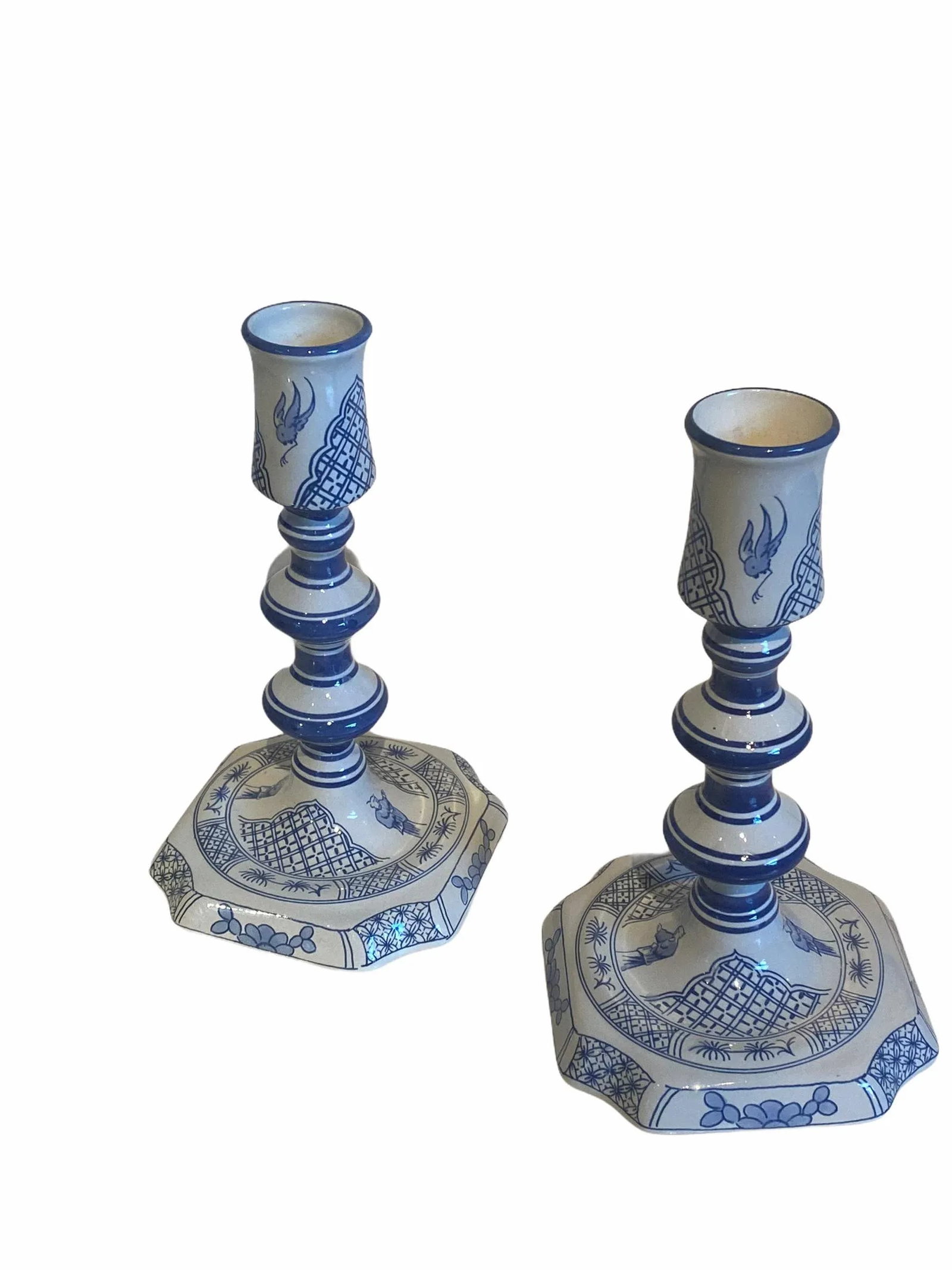 Vintage Royal Goedewoagen Blue and White Hand Painted Candlesticks Made in Holland - Set of 2 - 8