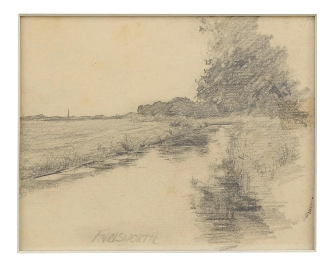 Reflections in a Pond Pencil Drawing by Alfred Villiers Farnsworth C.1880: Energetic drawing of reflections in a pond signed "Farnsworth" at the bottom edge. Presented in a new gray mat. There is some ink on the edges of the paper, under the mat. Image size: 6.5"H x 8.25"W. 