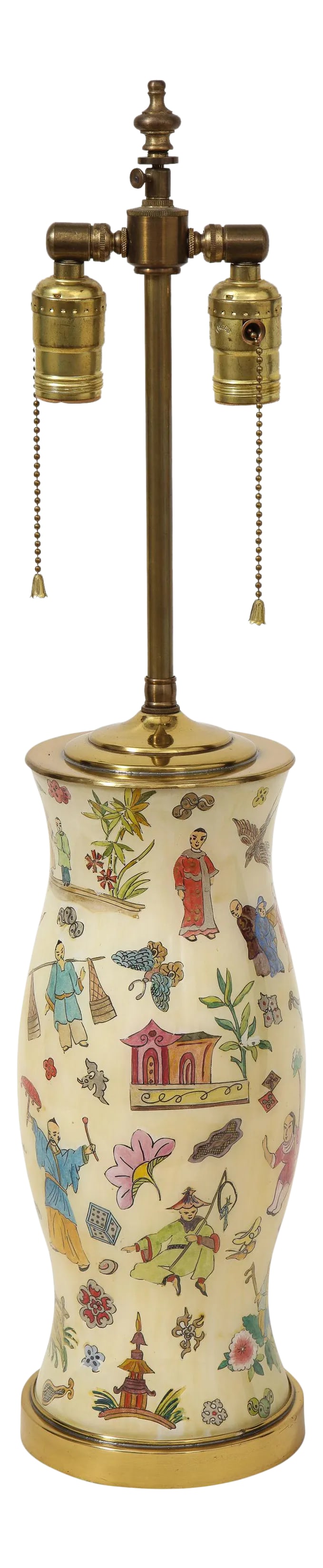 Chinoiserie Verre Eglomise Lamp: Reverse painted glass baluster-shaped vase decorated with various chinoiserie motifs including Mandarin figures, pagodas, lotus blossoms, yin yang emblems, and more on a cream ground; mounted on a