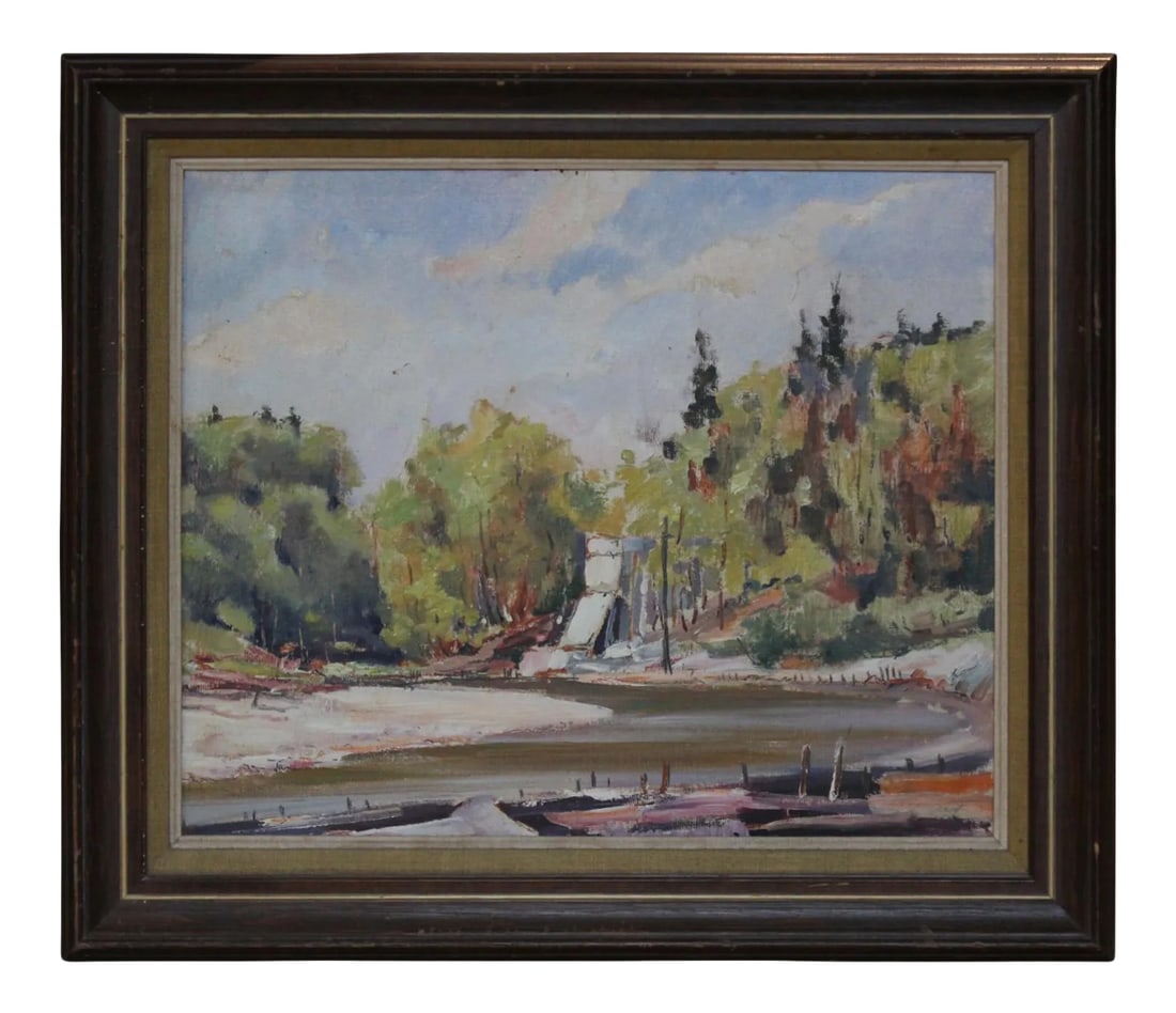 Impressionist Summer River Landscape with Boats Mid Century Oil Painting: Summer themed impressionist landscape of a river with boats. Has the artist signature in the bottom right hand corner. Framed in a wooden frame. Dimensions without frame: H 15.5 in. x W 18.5 in.
